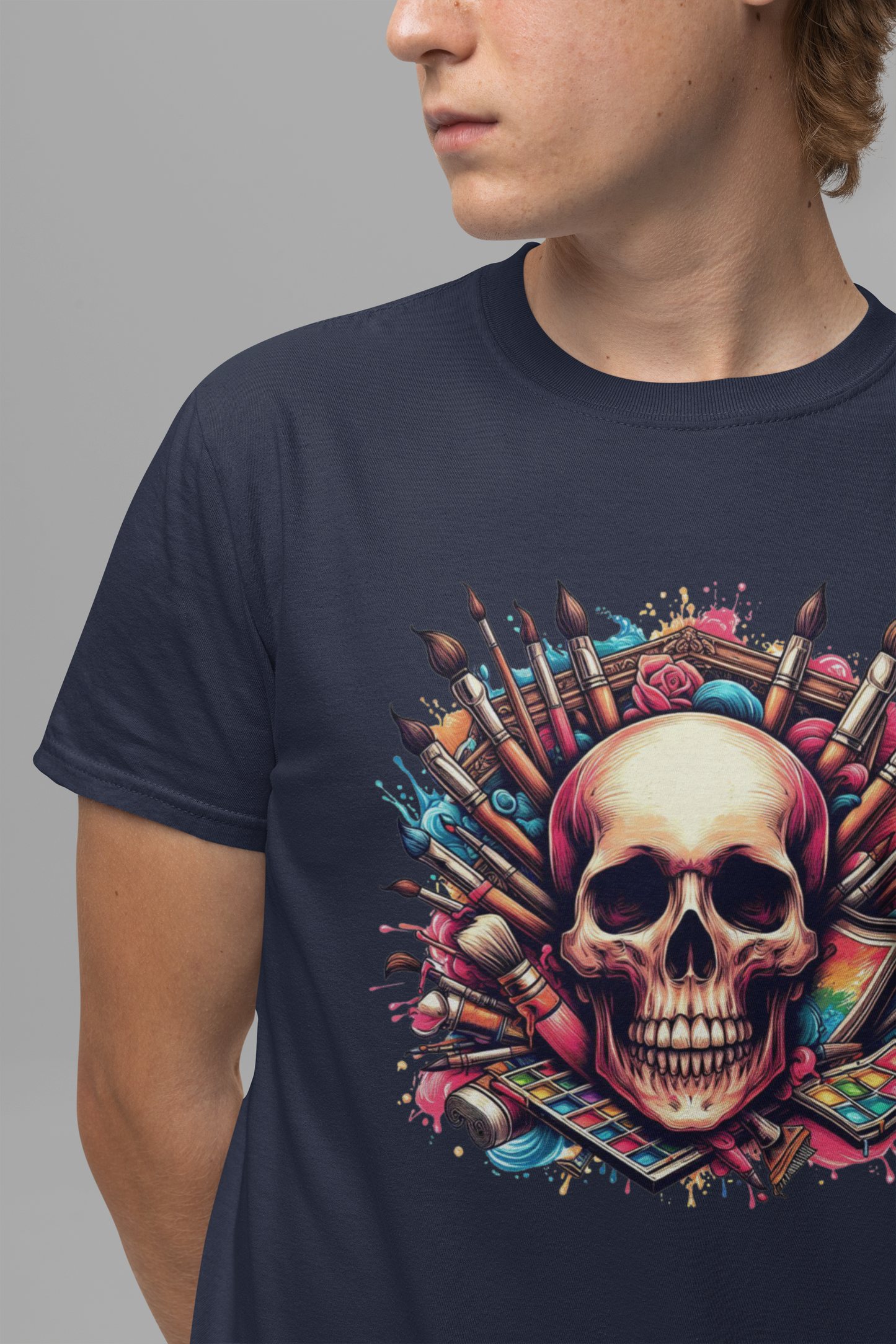 Art Is Not Dead Tshirt – Skull with Stacked Art Supplies Circular Graphic