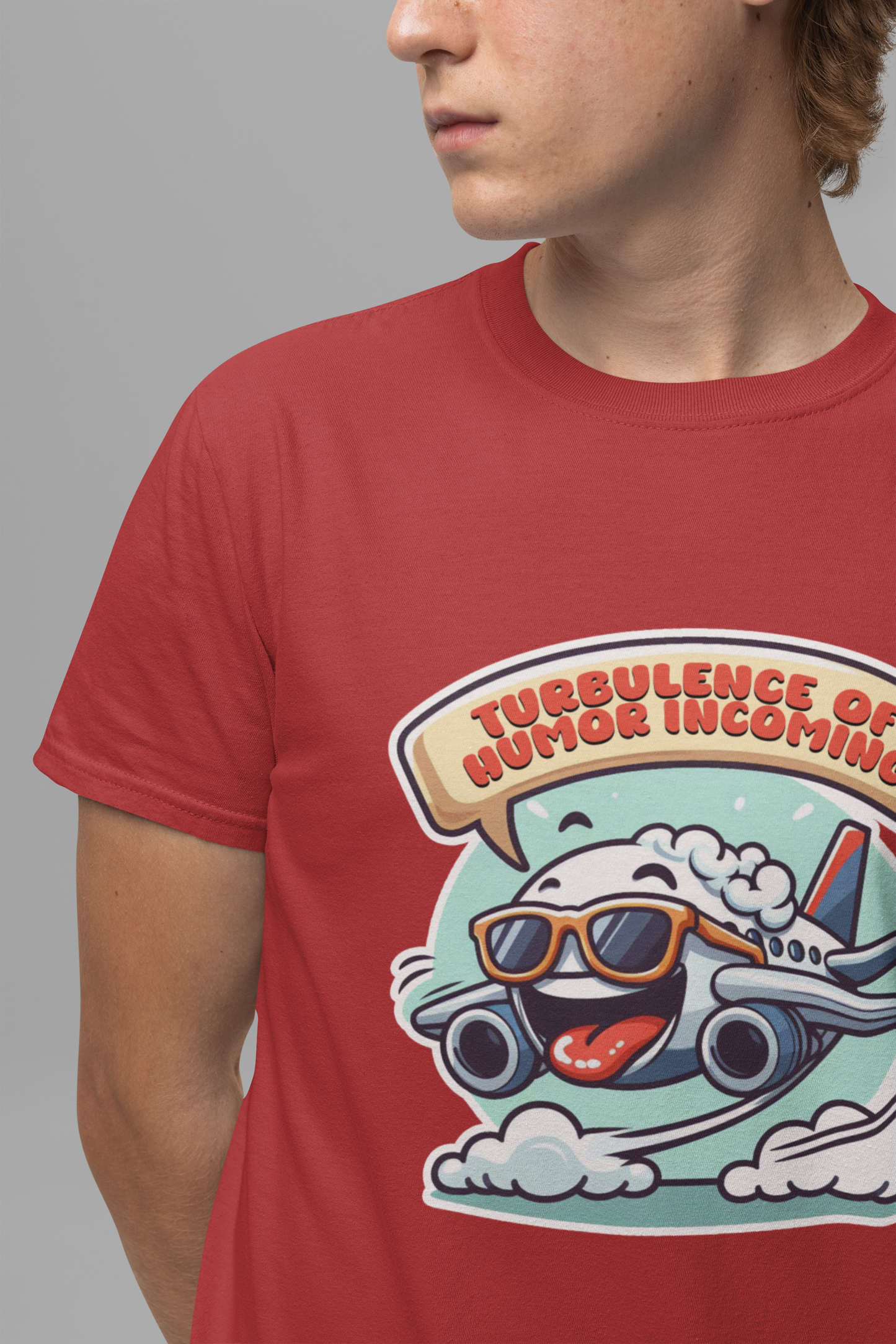 Turbulence of Humor Coming | Flight Landing with Smiling Face & Sunglasses Graphic T-Shirt