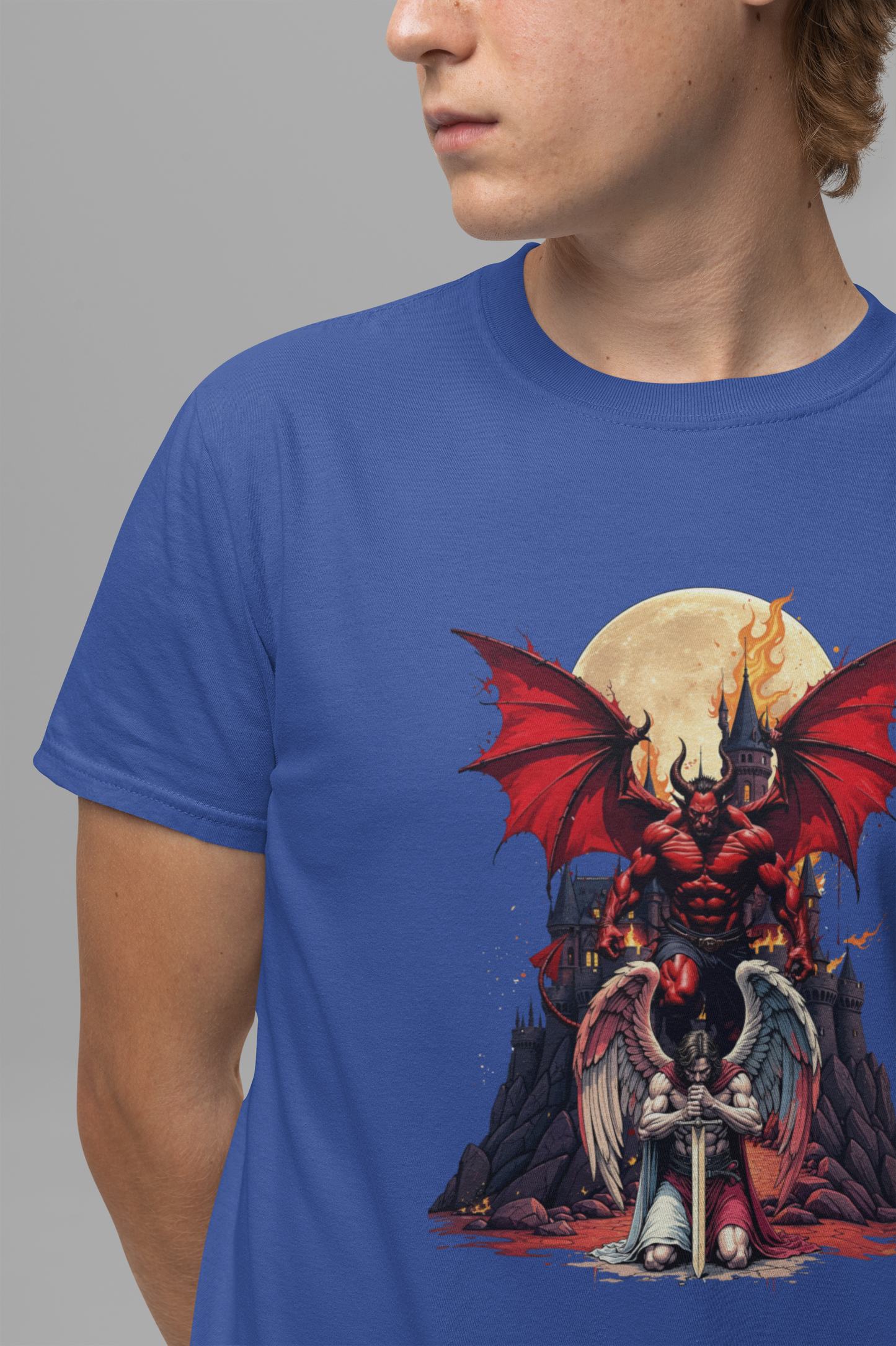 Beast Dominion – Floating Vampire Over Fallen Winged Fighter Graphic T-Shirt