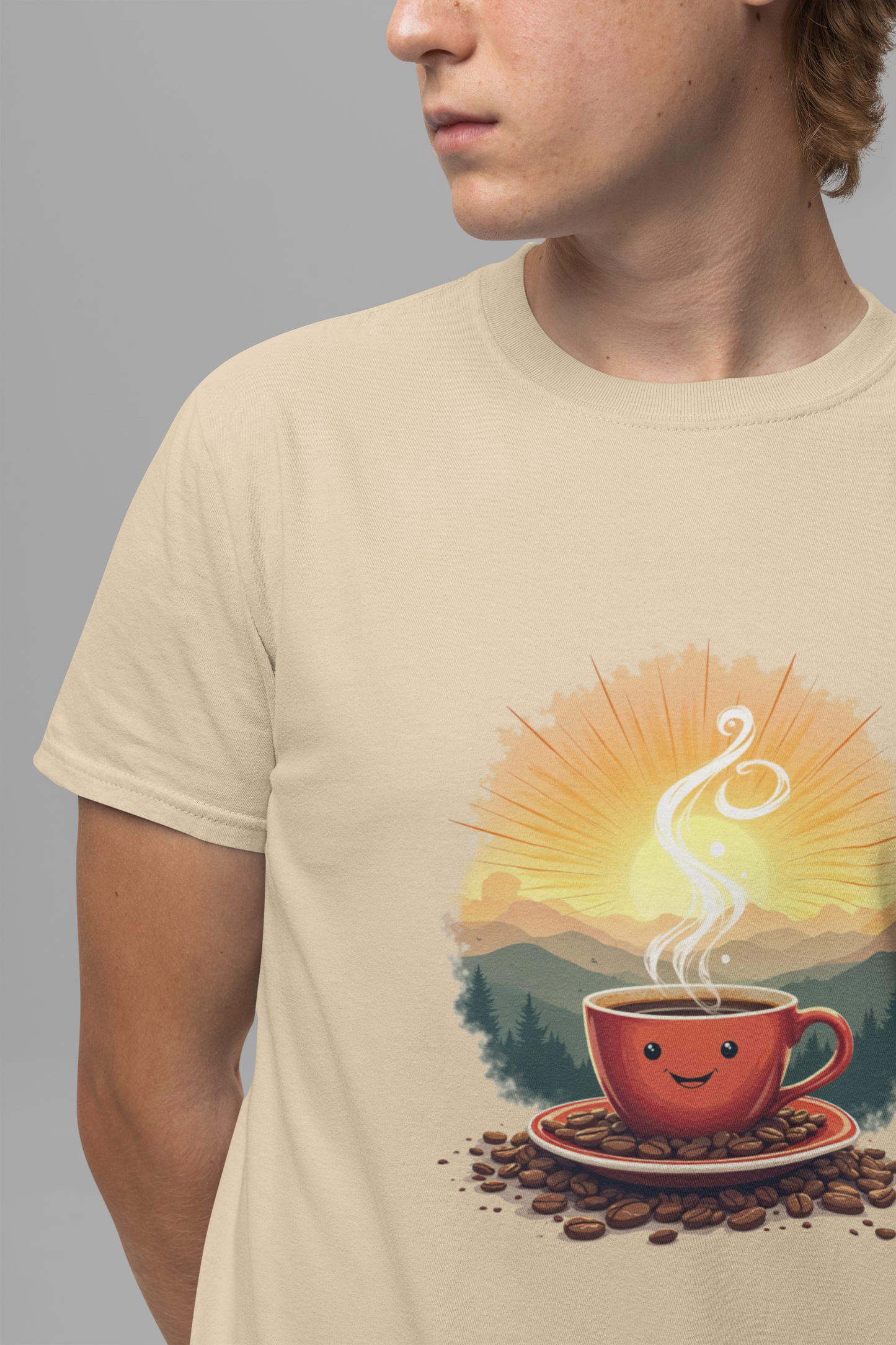 Sunrise Coffee Cup with Coffee Beans and Radiant Morning Glow Graphic T-Shirt