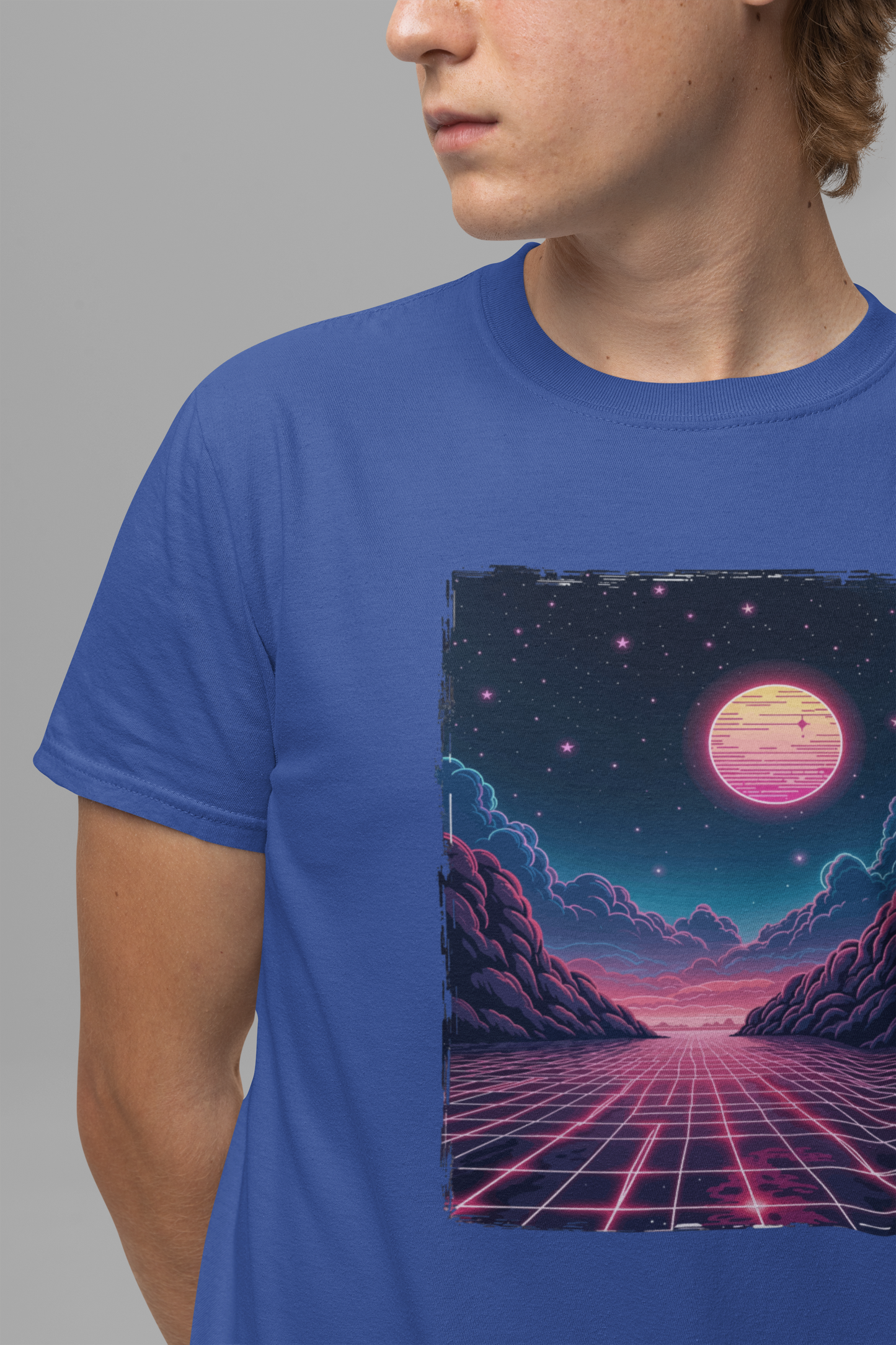Neon Dream – Full Moon Night Waterfront with Mountains and Glowing Sky Graphic T-Shirt