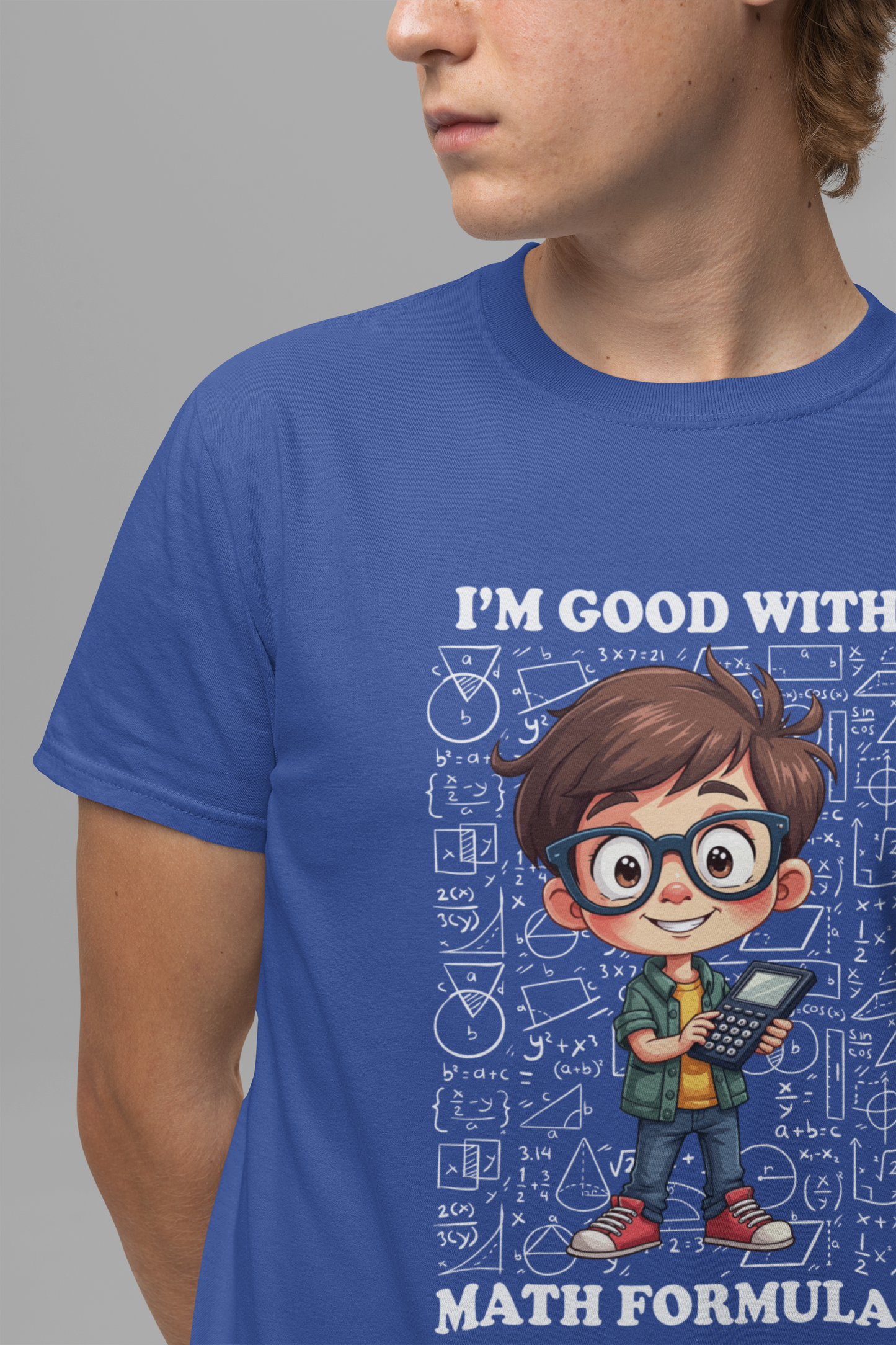 I'm Good with Math Formulas Tshirt – Happy Boy with Calculator and Math Diagrams