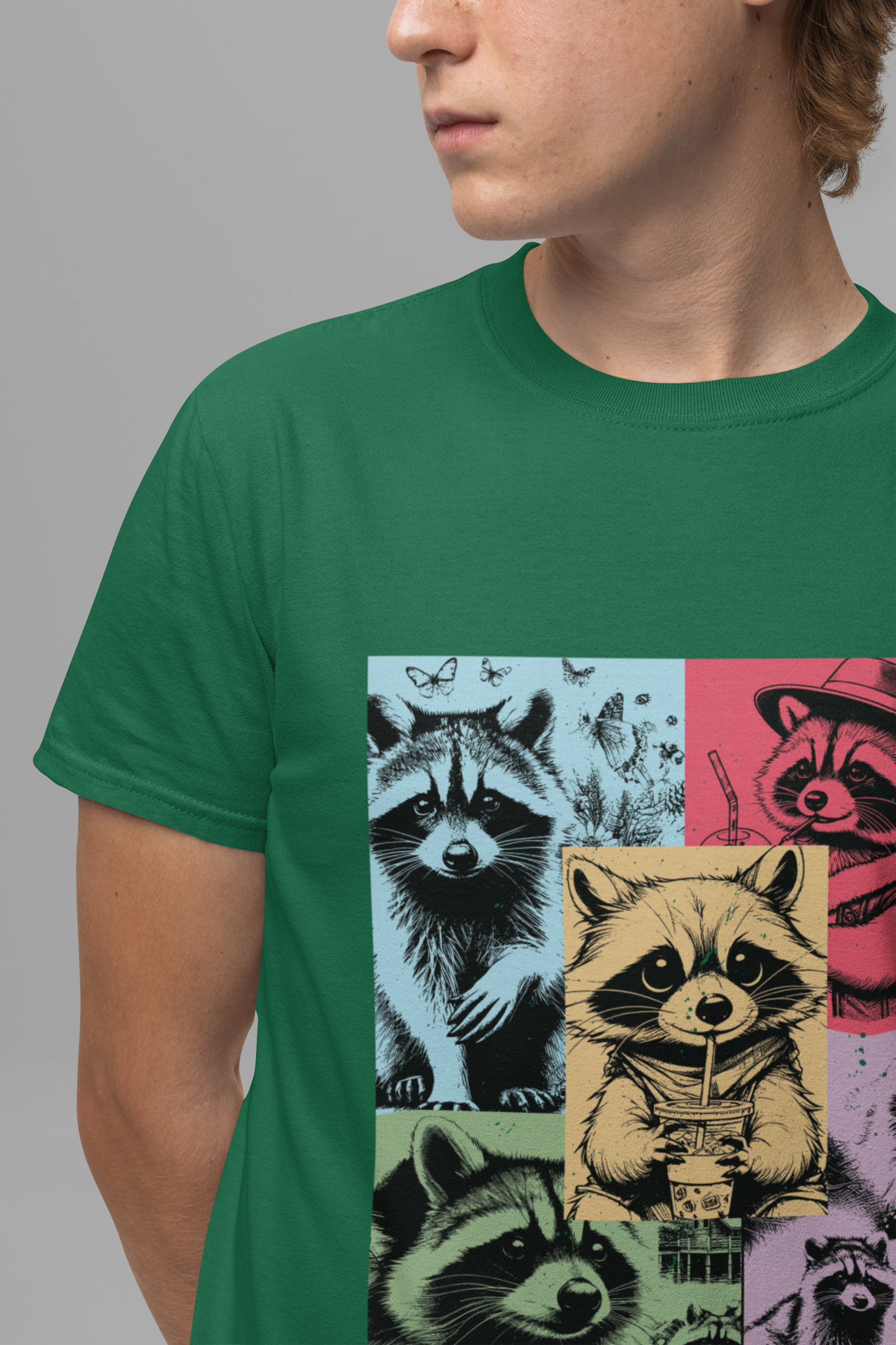 Colorful Raccoons T-Shirt – Playful Multi-Color Raccoons with Sipping Raccoon Graphic