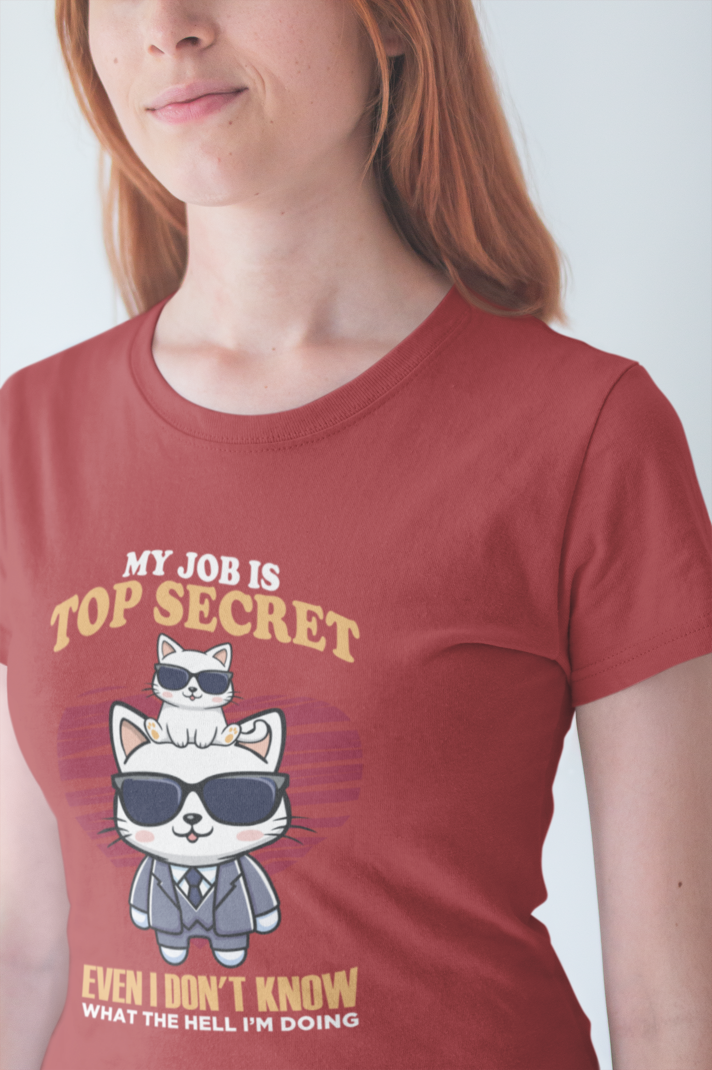 My Job Is Top Secret Tshirt - Stylish cat wearing black goggles and a sharp suit Humor