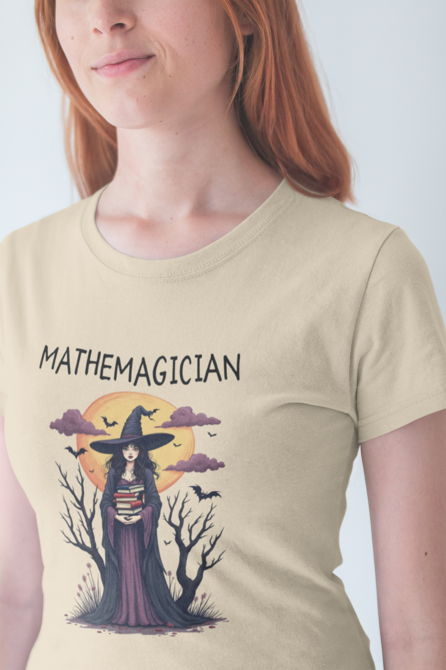 Enchanted Math Magician Tee – Witch with Books and Bats