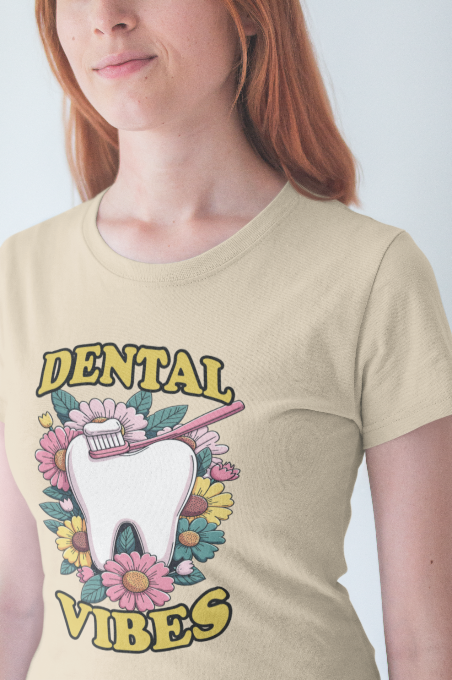 Dental Vibes T Shirt Large Tooth with Brush Paste and Flower Design