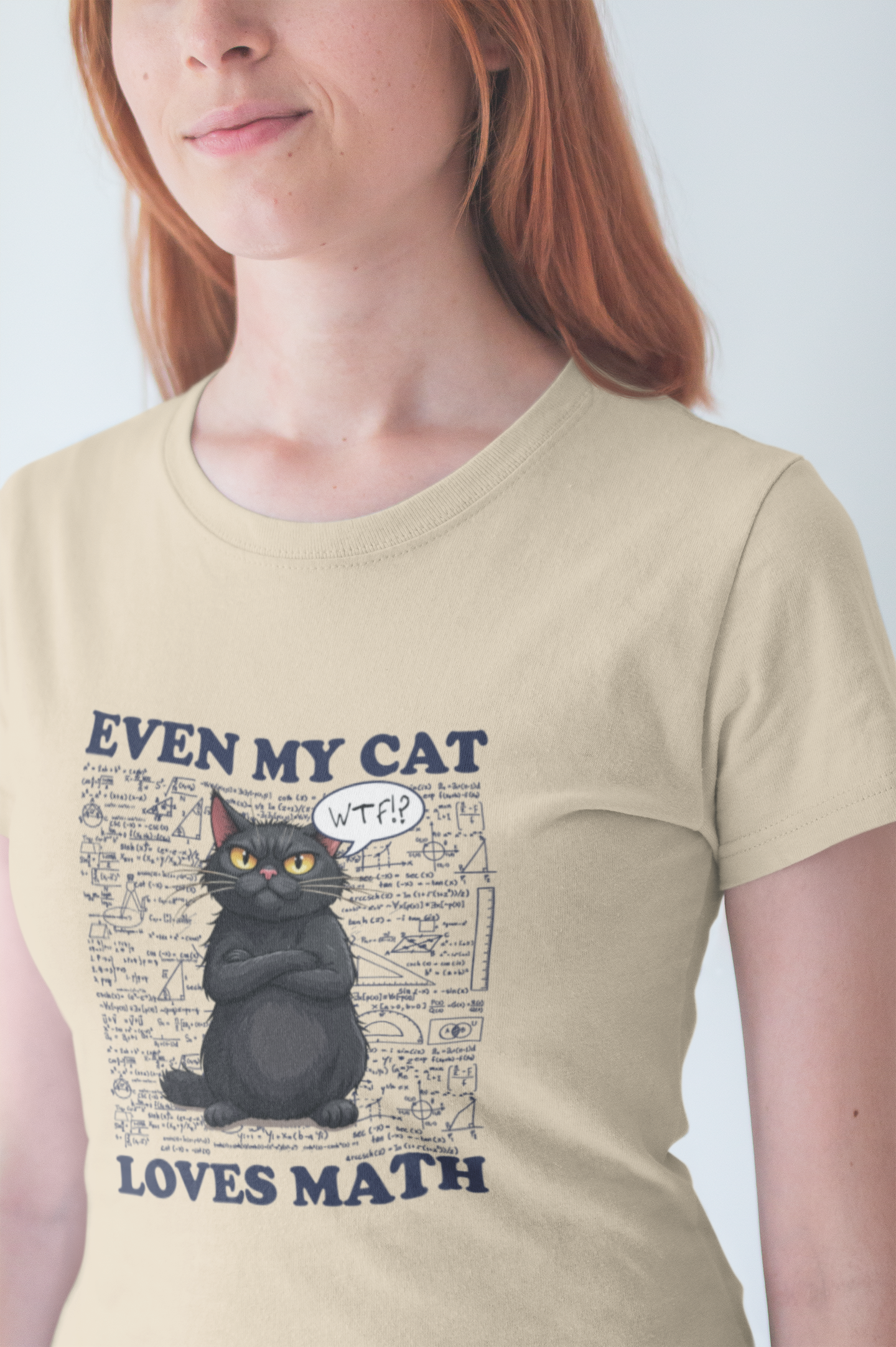 Even My Cat Loves Math T-Shirt – Funny Cat and Math Equations Graphic Tee