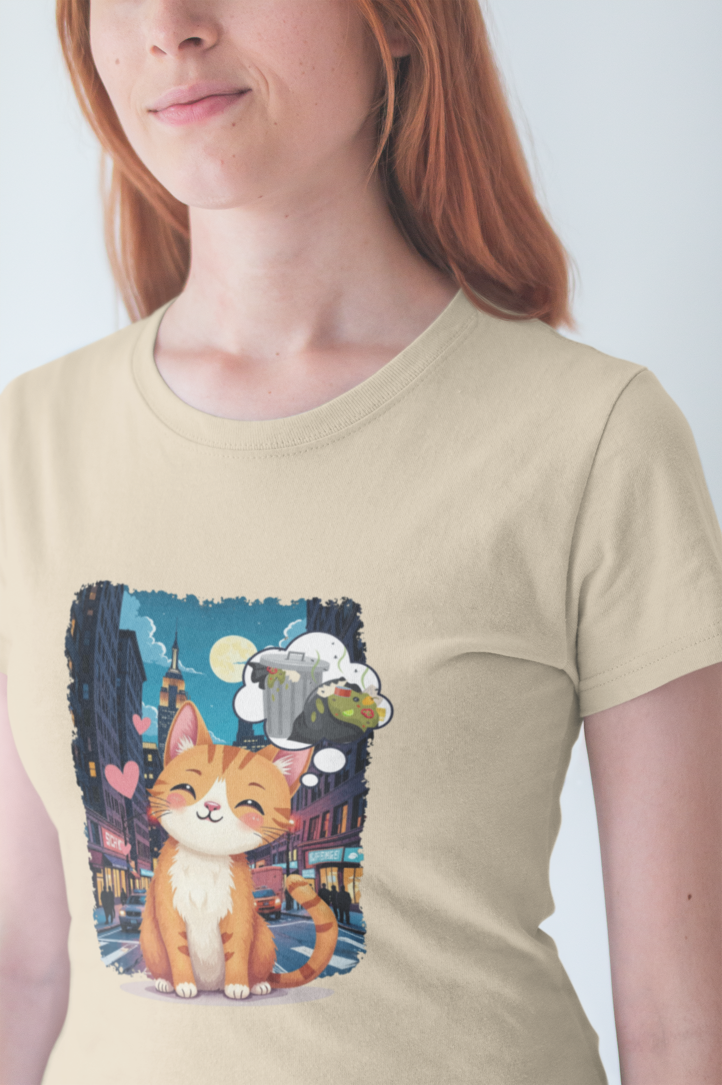 City Cat Dreams – Happy Orange Cat with Urban Garbage Thought Bubble Graphic T-Shirt