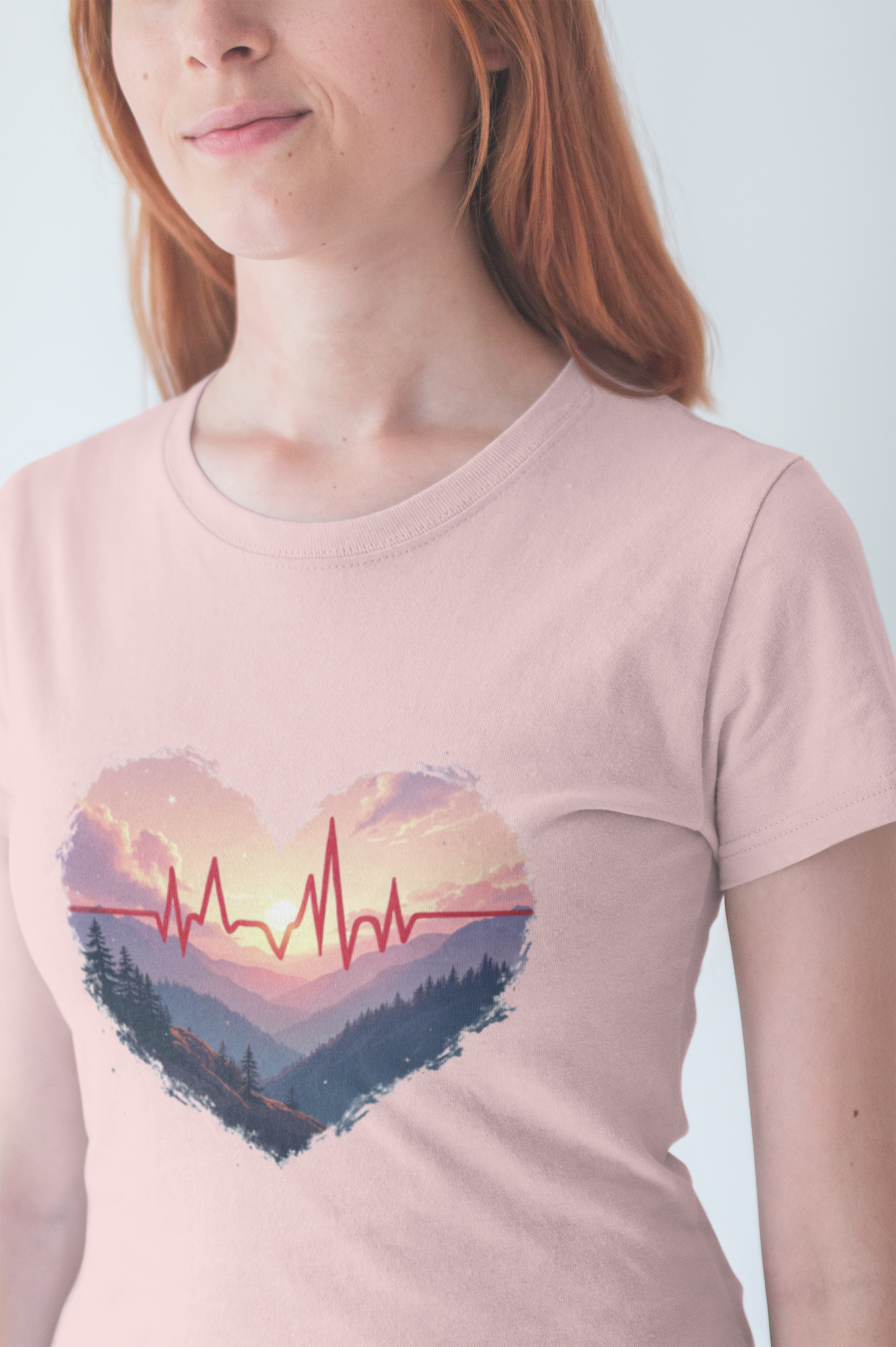 Heart-Shaped Majestic Mountains Landscape with Bold Red Lifeline Graphic T-Shirt