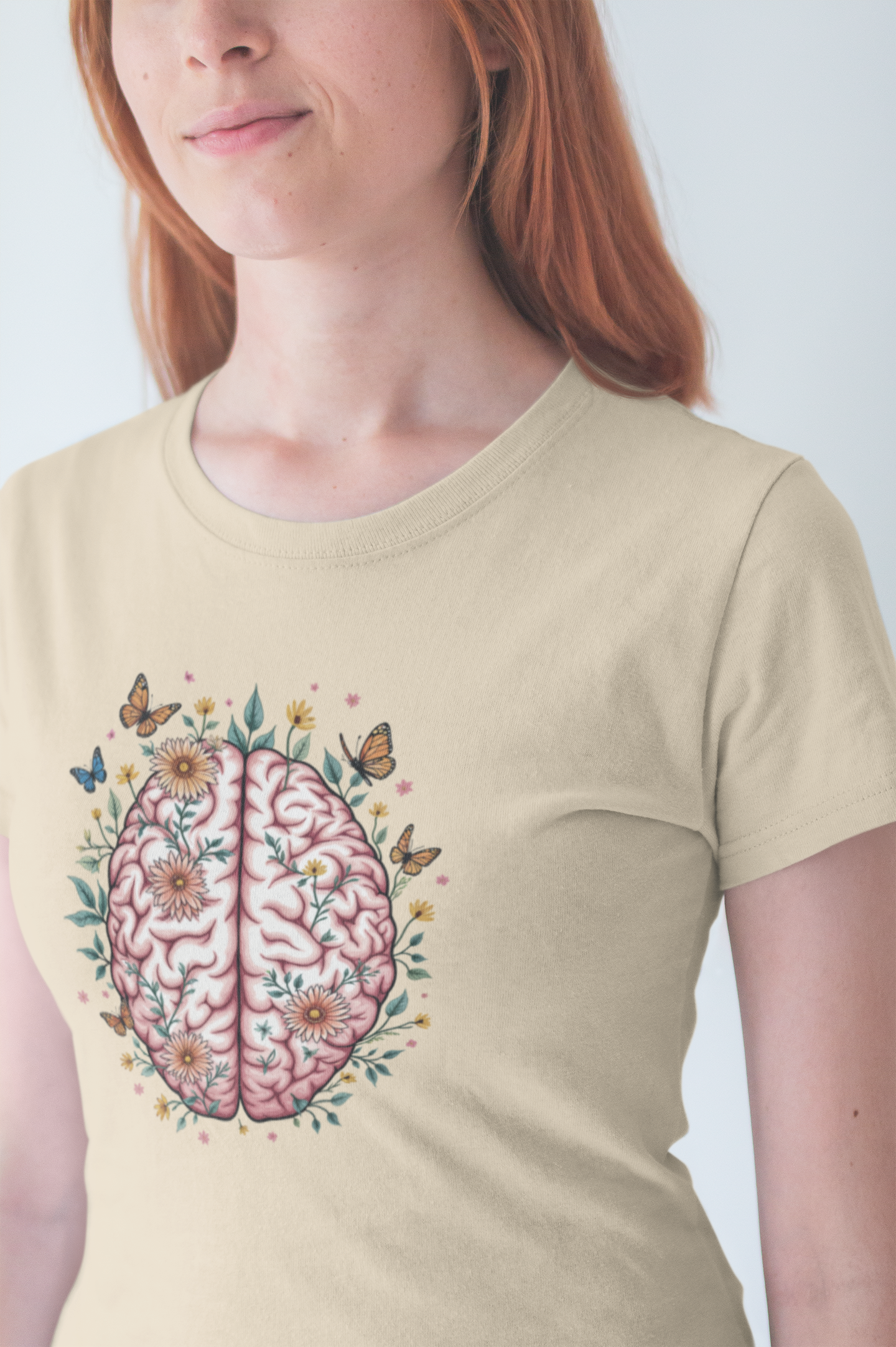 Human Brain with Flowers and Butterflies Tshirt – Artistic Floral Brain Graphic