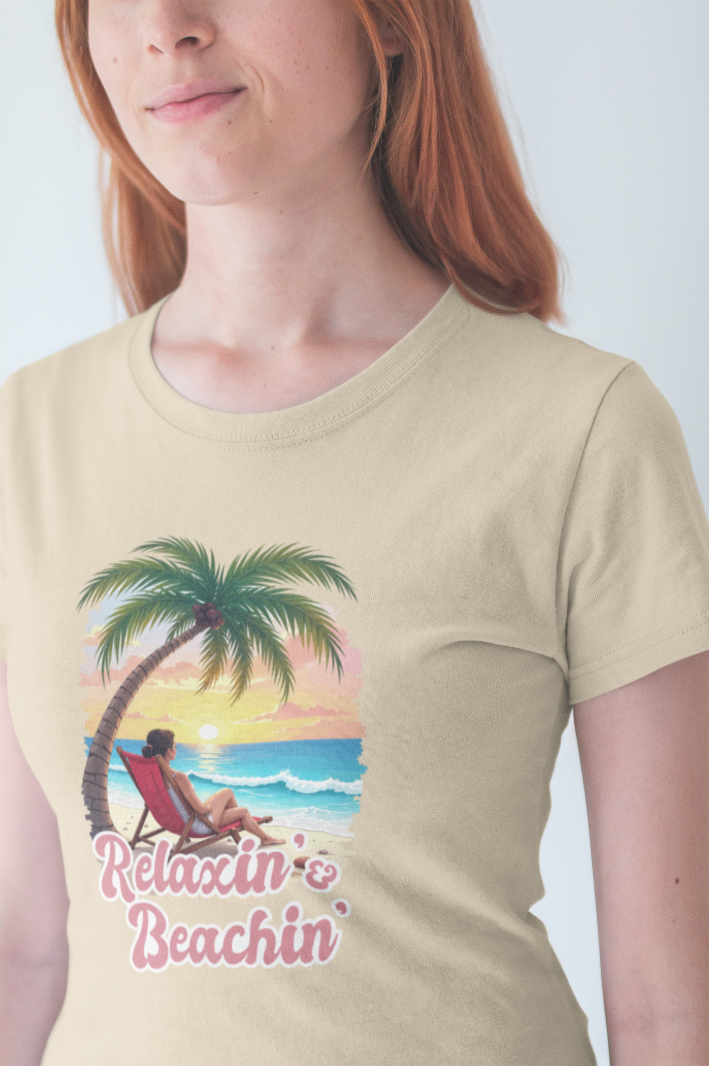 Recharge Mode Relaxin & Beachin' – Woman Lounging Under Palm Tree Beach Scene T-Shirt