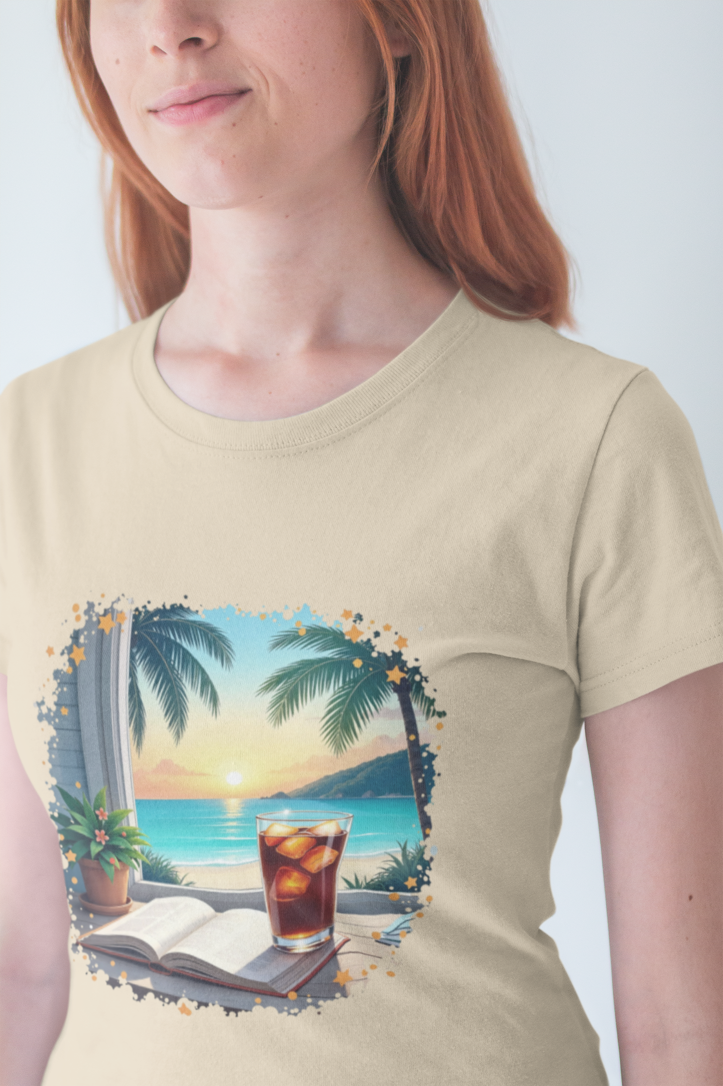 Romanticize Everything - Beachside Serenity – Table with Book, Drink & Flower Pot by Window Graphic T-Shirt