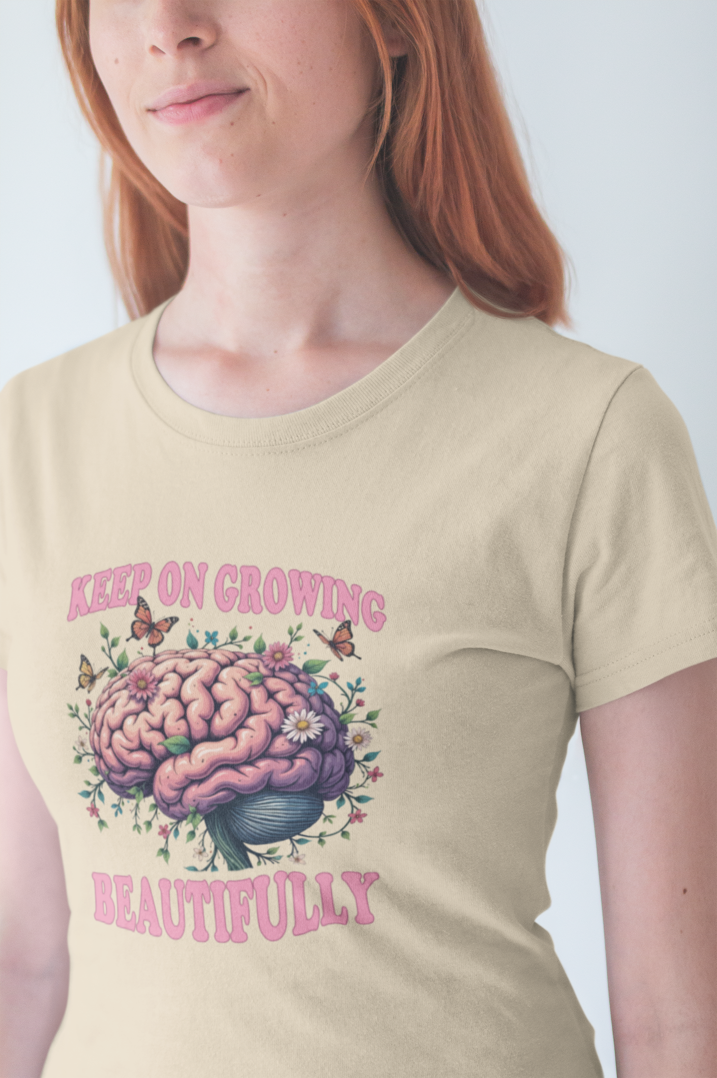 Keep on Growing Beautifully – Brain with Flowers, Plants & Butterflies Graphic T-Shirt