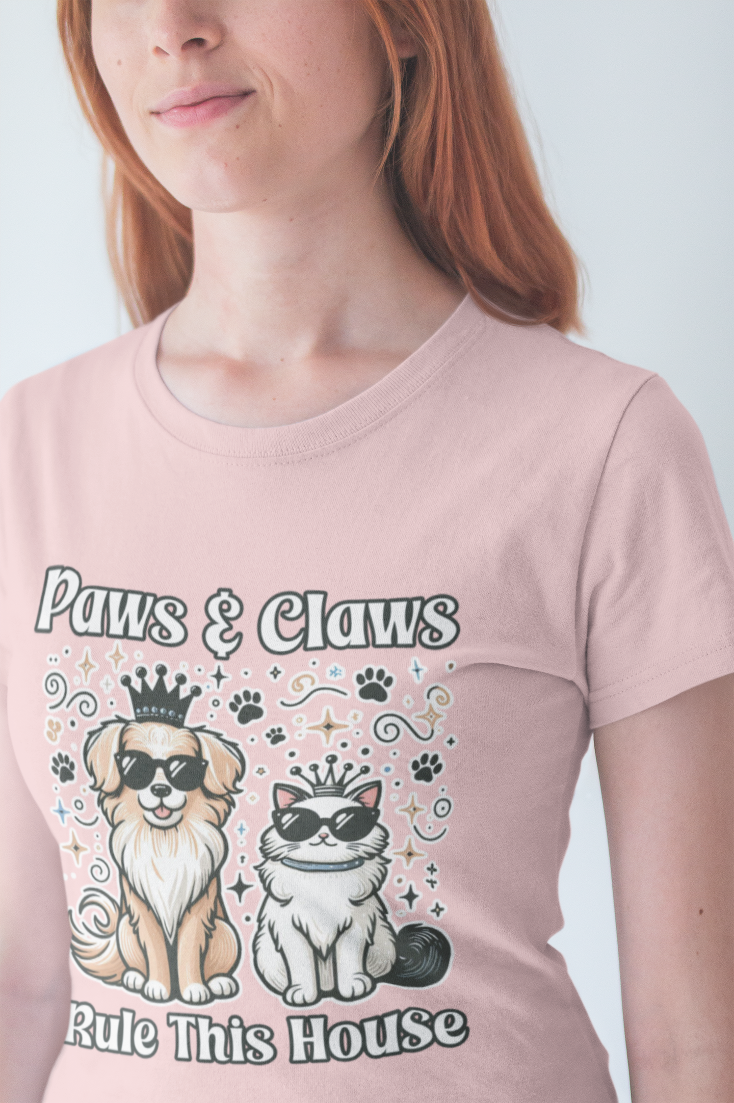 Paws and Claws Rule the House | Smiling Dog & Cat with Paw Shapes T-Shirt