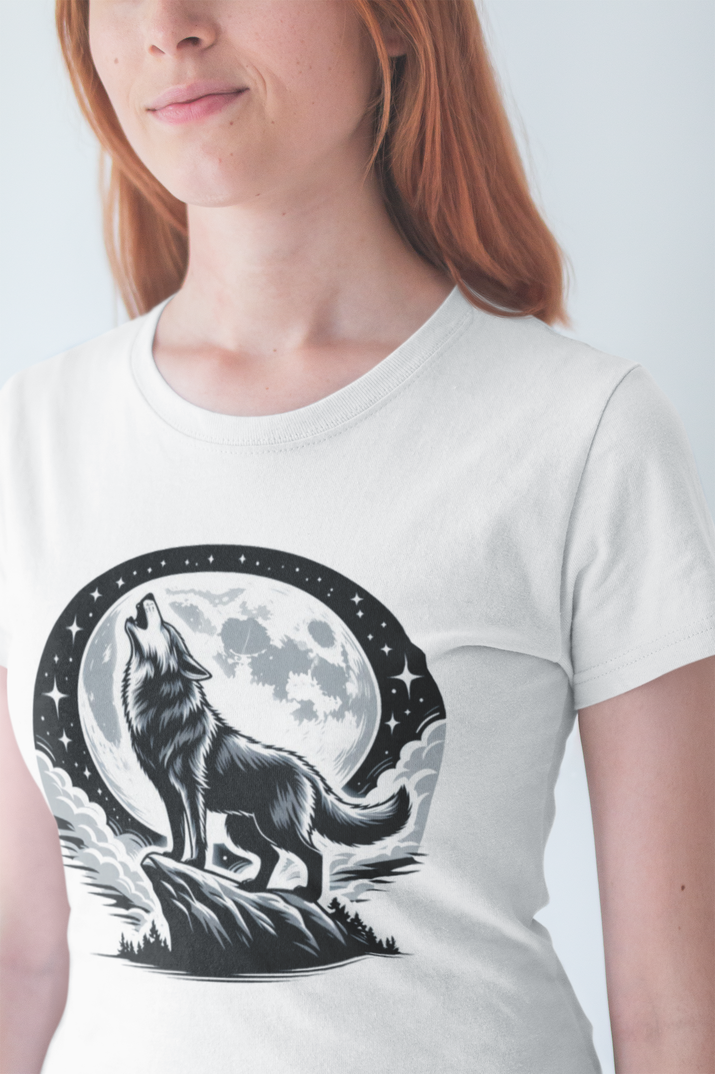 Mystical and Wild - Wolf Howling on Mountain Edge with Full Moon and Stars Graphic T-Shirt