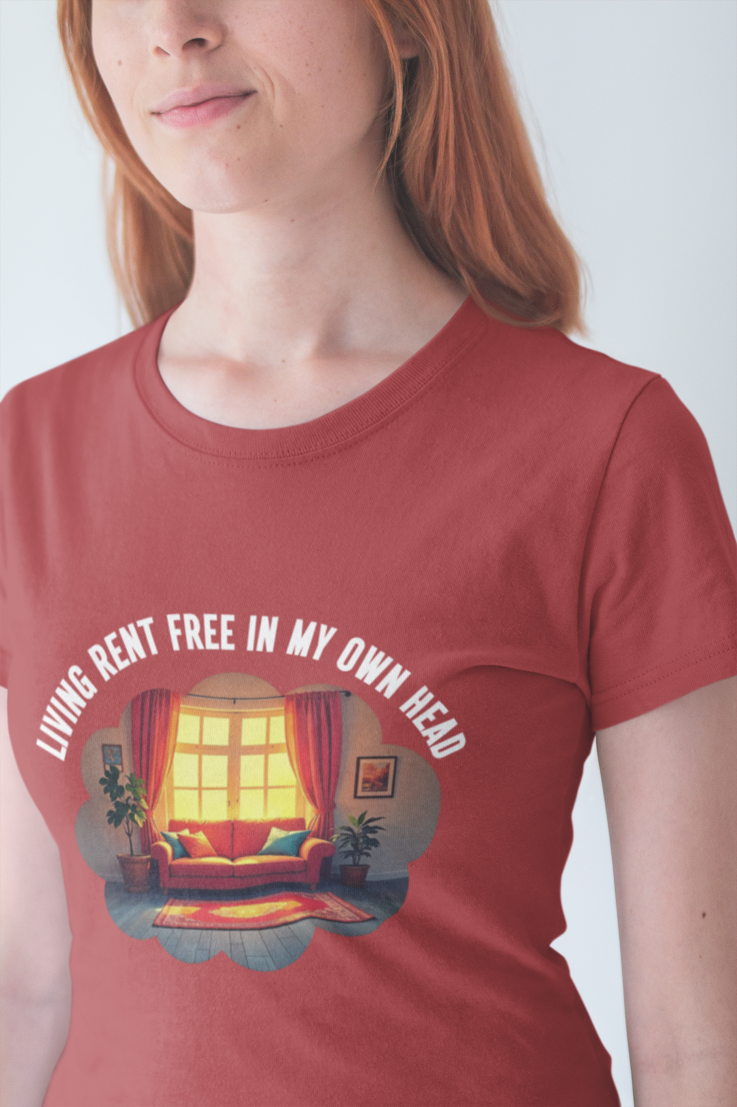 Living Rent Free in My Own Head – Cozy Living Room with Sofa & Sunlit Window Graphic T-Shirt