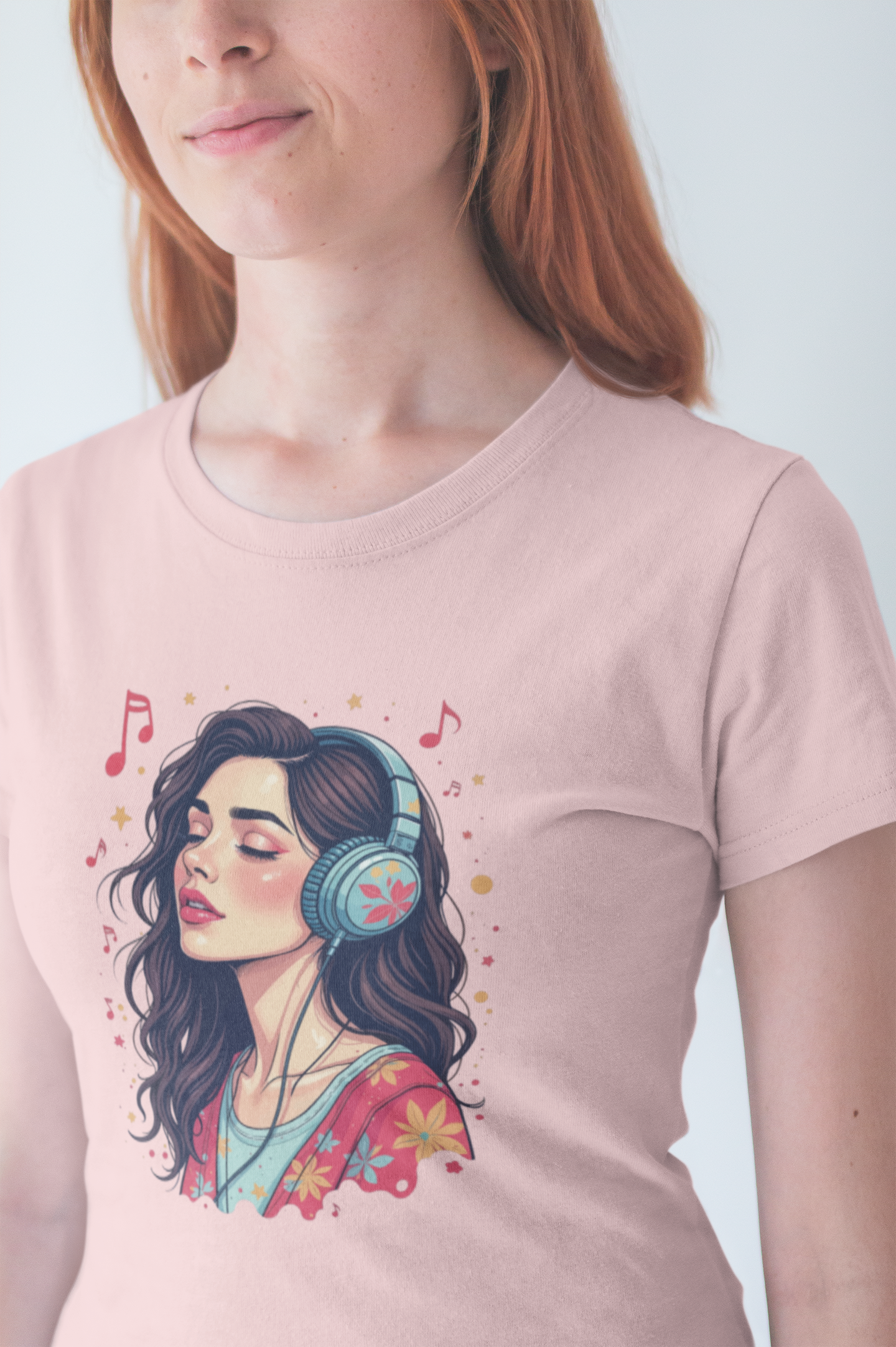 Quietly Loud – Woman with Headphones, Leaf Pattern Dress & Expressive Music Notes Graphic T-Shirt