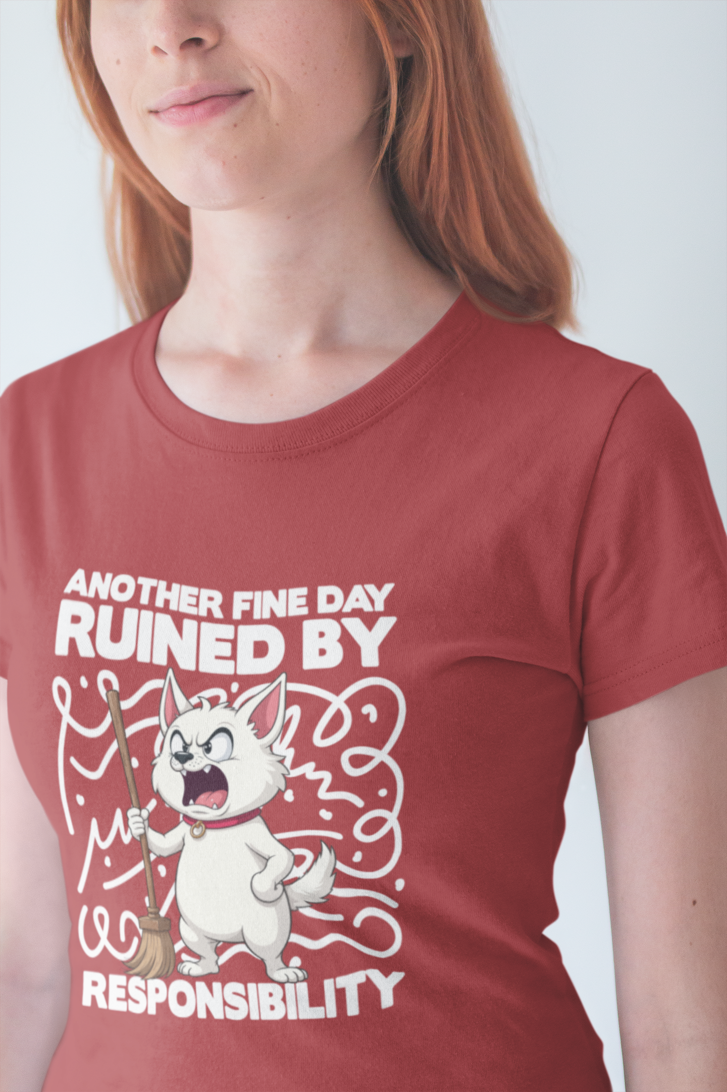 Another Fine Day Ruined By Responsibility T-Shirt – Angry Cat with Broom Graphic Tee