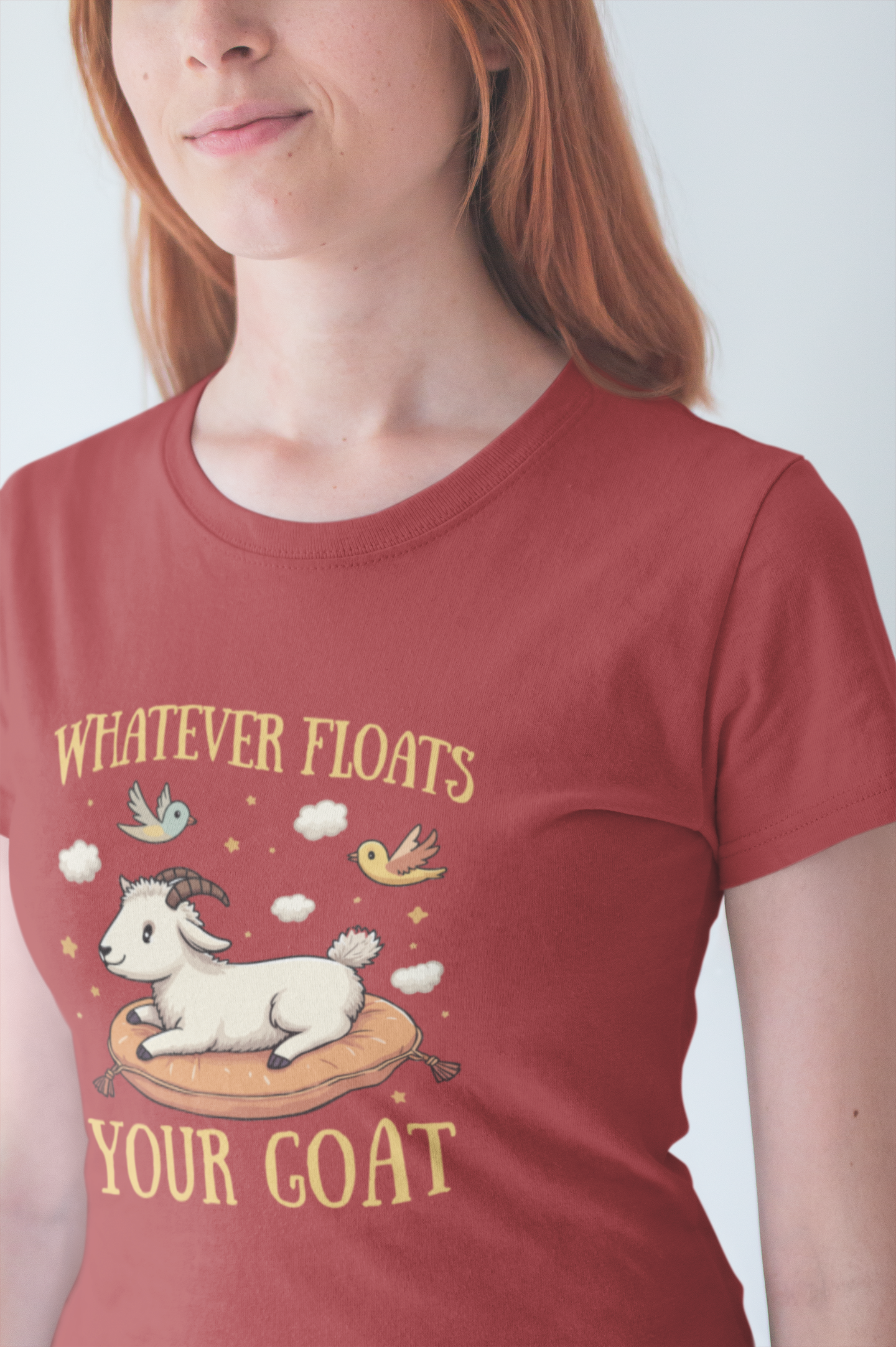 Whatever Floats Your Goat T Shirt – Happy Floating Goat with Clouds and Birds