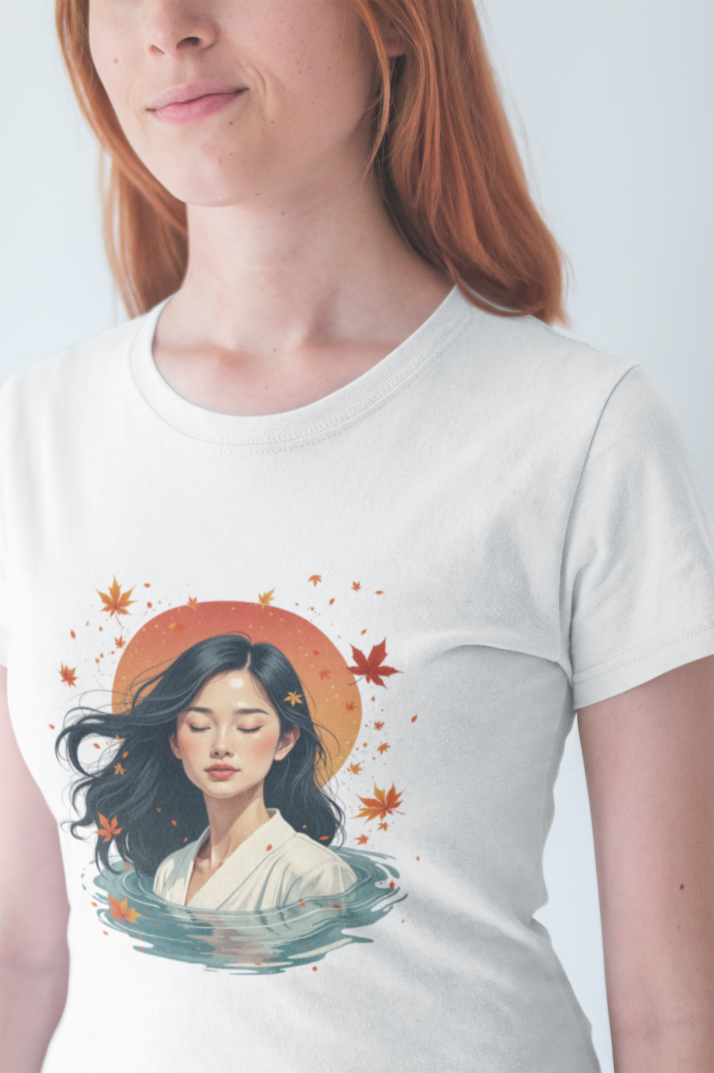 Serene Woman in White Dress Chest-Deep in Water with Sunset and Falling Leaves Graphic T-Shirt