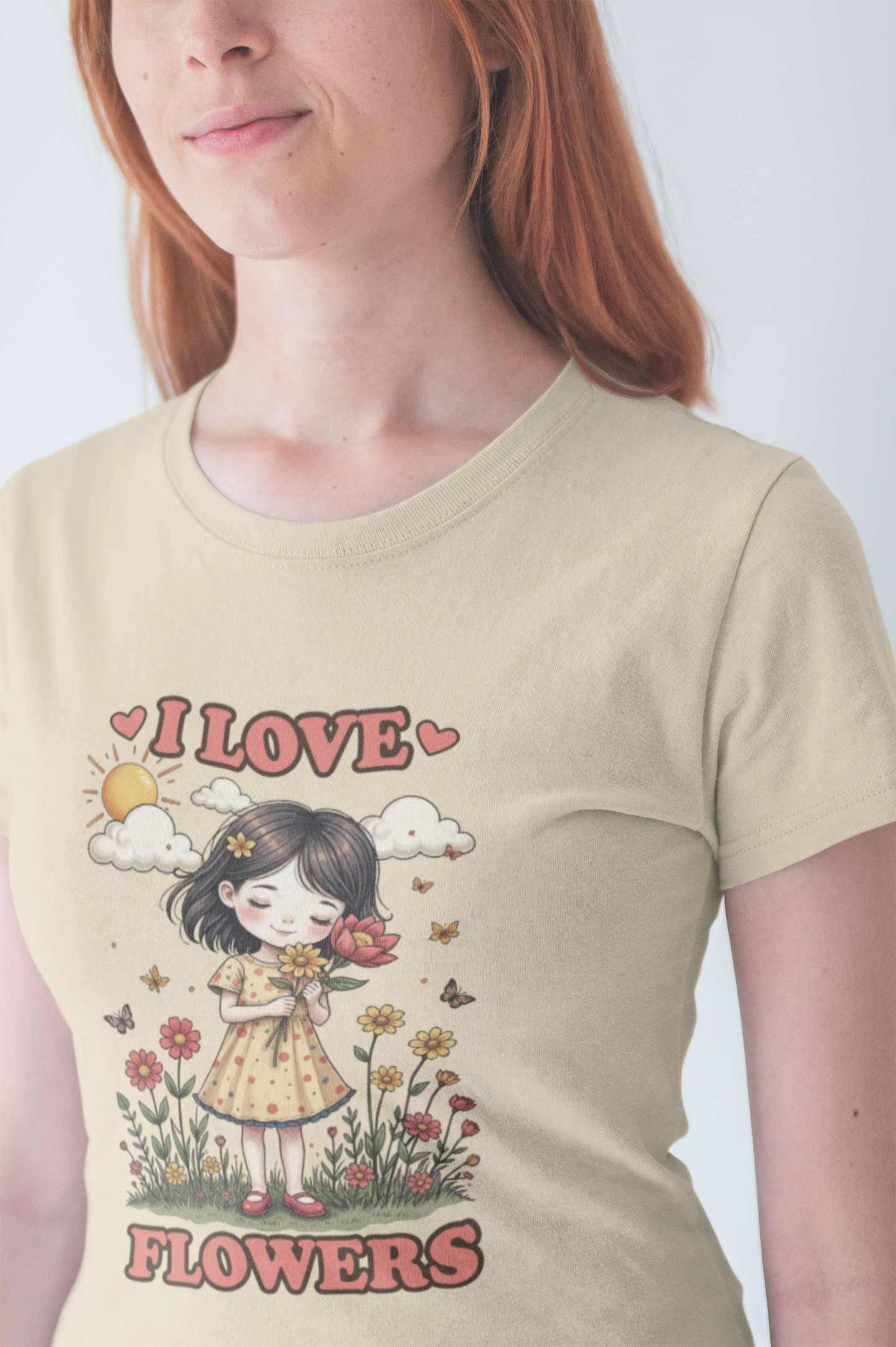 I Love Flowers T-Shirt – Cute Girl and Floral Garden Graphic Tee