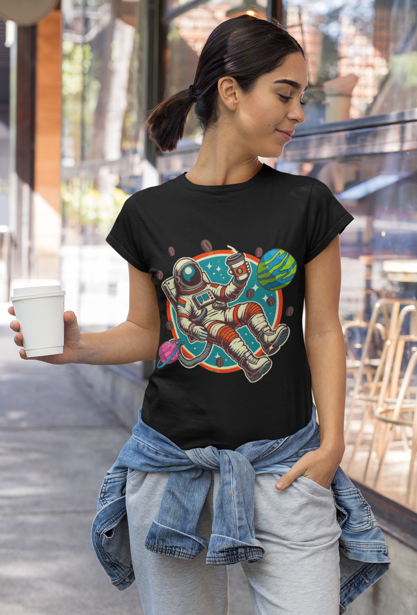 Space Coffee Break | Astronaut Floating with Coffee Cup & Planets Graphic T-Shirt