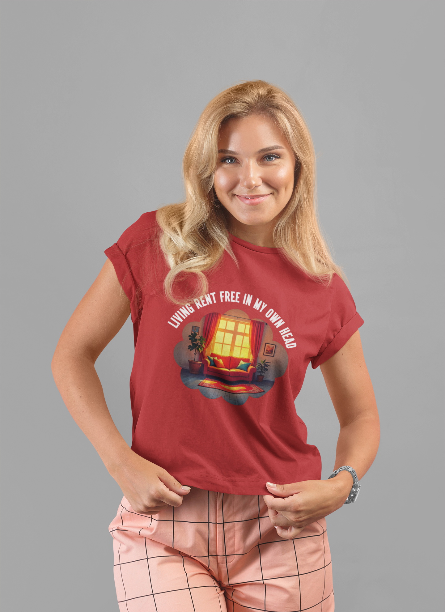 Living Rent Free in My Own Head – Cozy Living Room with Sofa & Sunlit Window Graphic T-Shirt
