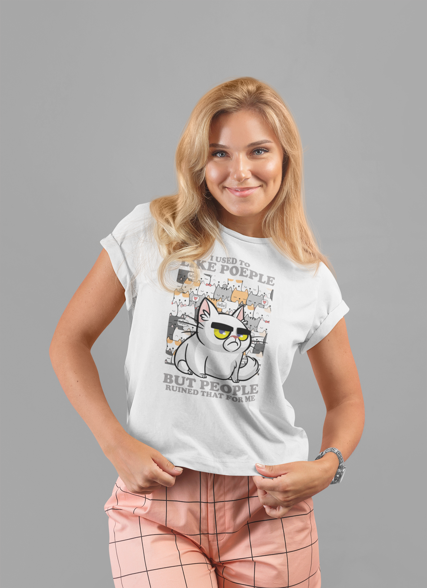 I Used To Like People But People Ruined That For Me T-Shirt – Moody Cat and Cats Background Graphic Tee