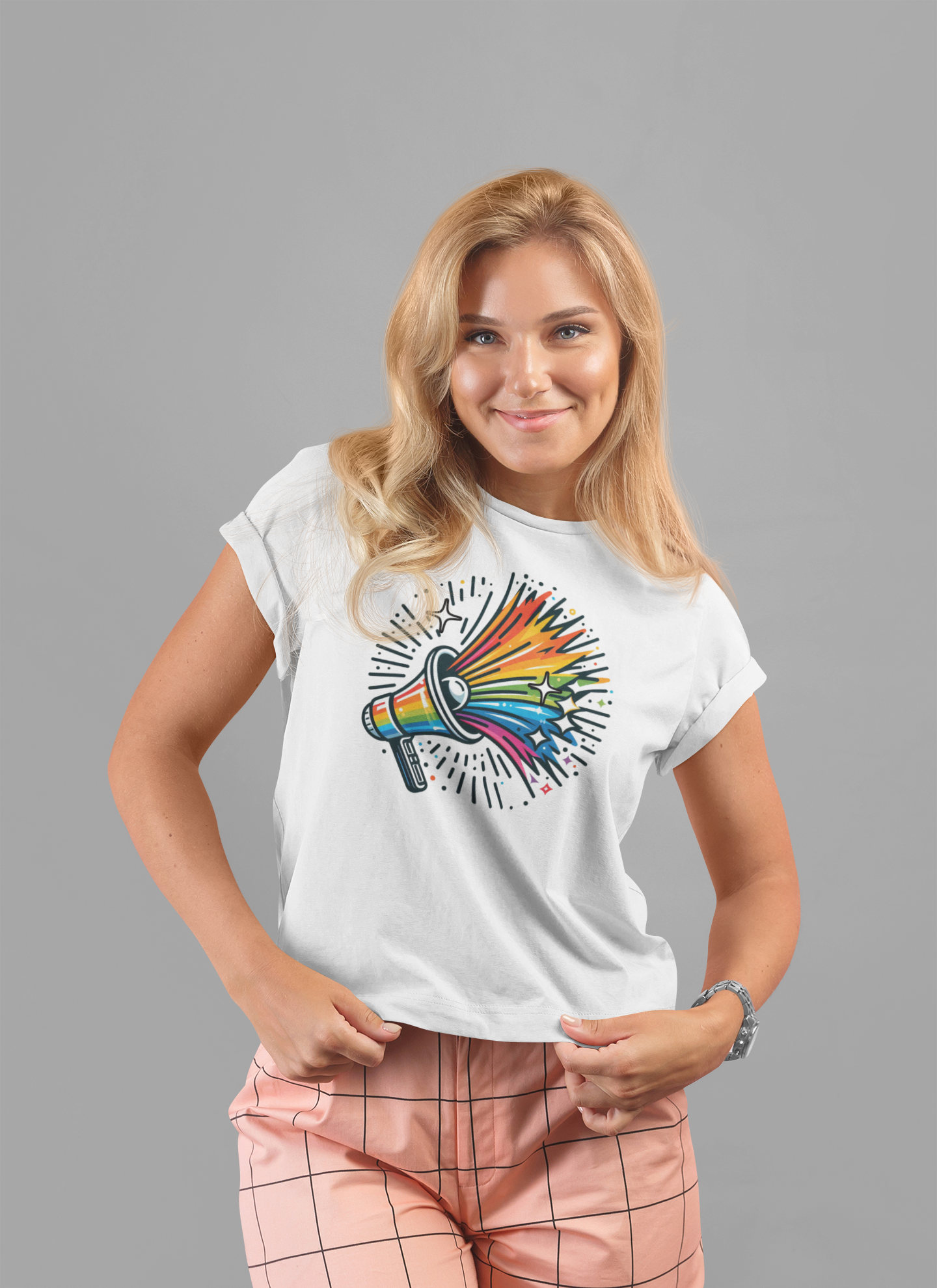 Proud & Loud – Colorful Handheld Speaker with Exploding Stars Graphic T-Shirt