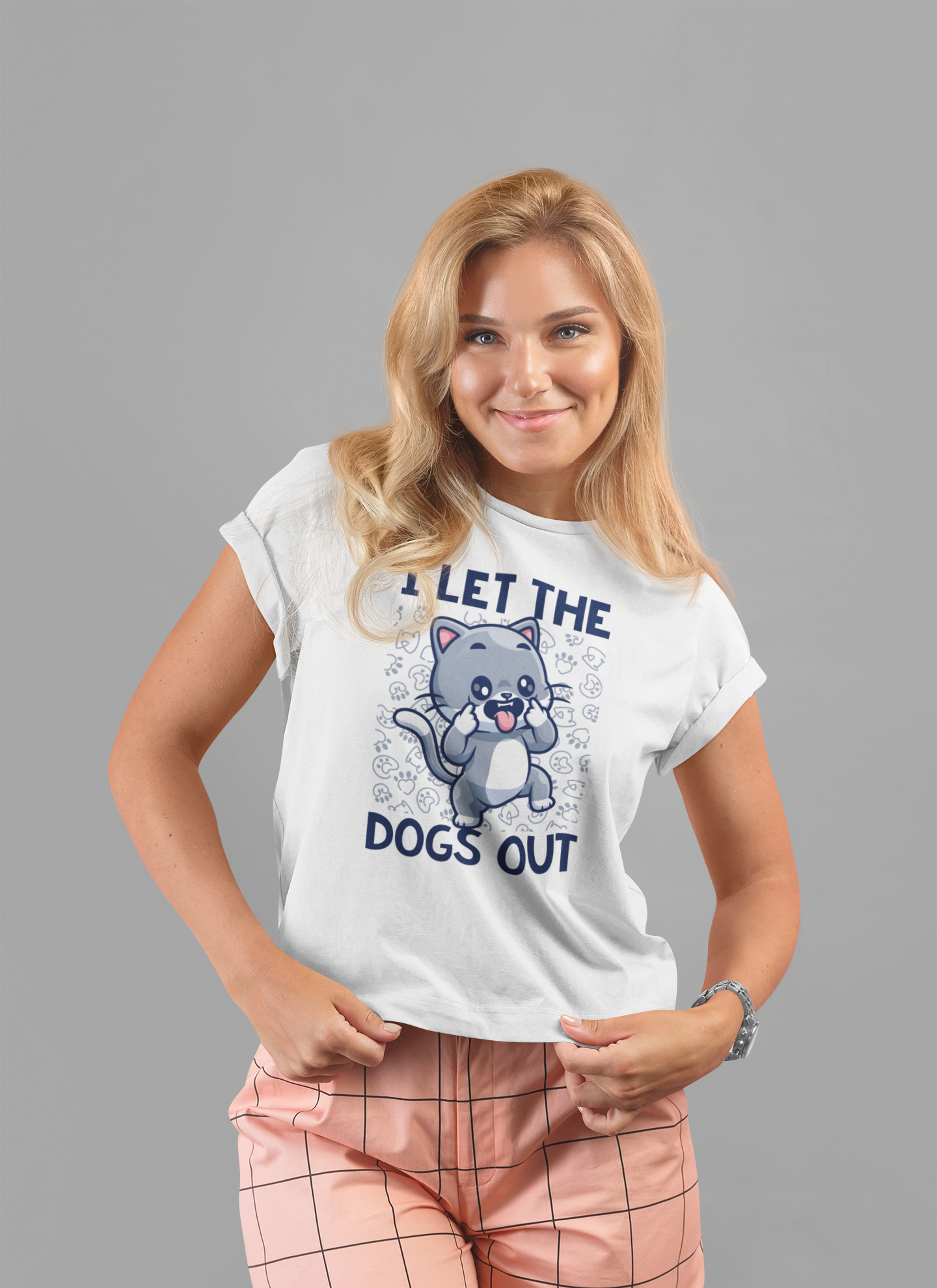 I Let the Dogs Out T-Shirt – Teasing Cat with Paw Prints Graphic Tee