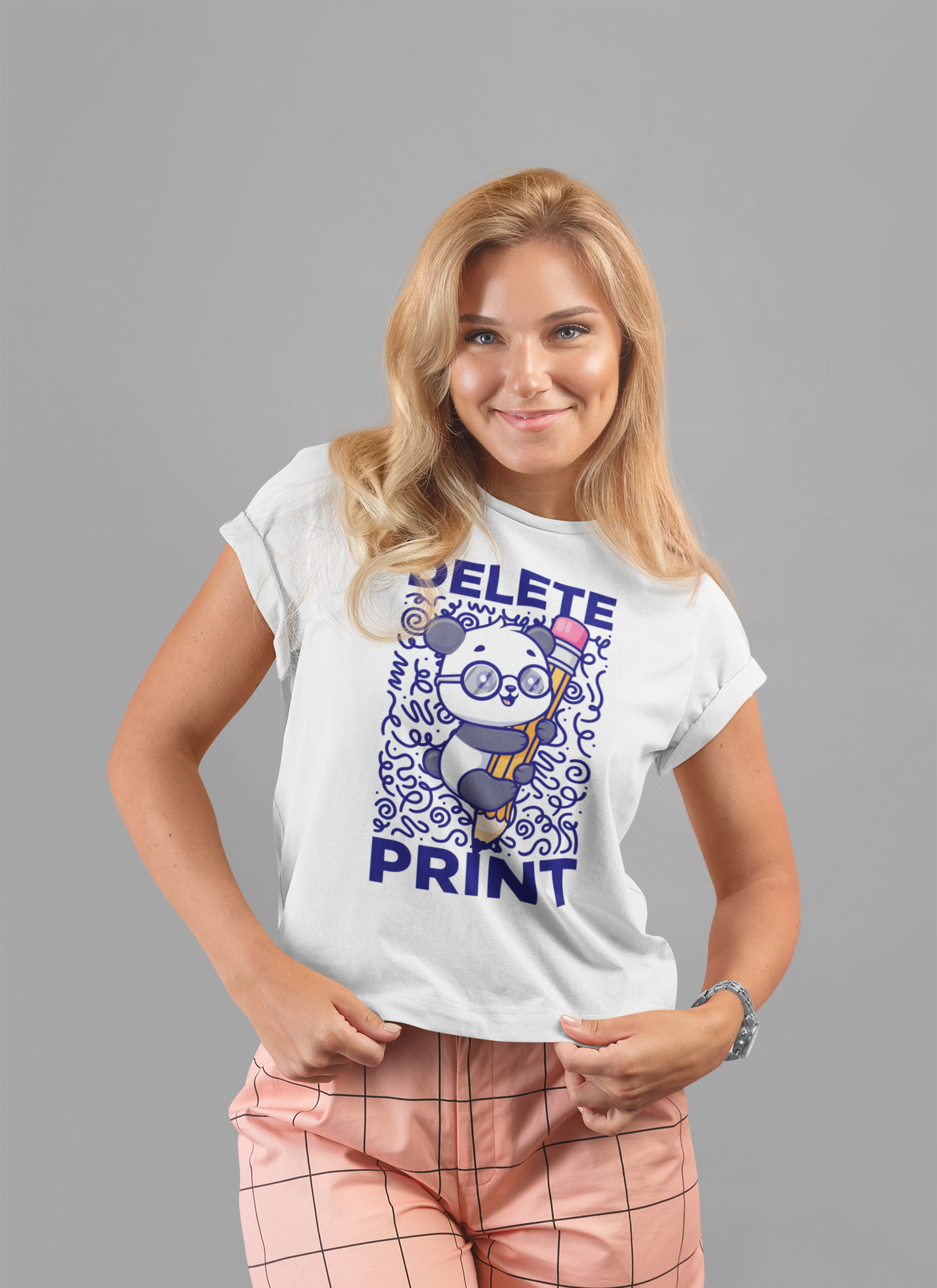 Delete Print T-Shirt – Cute Puppy Hugging Giant Pencil Graphic Tee