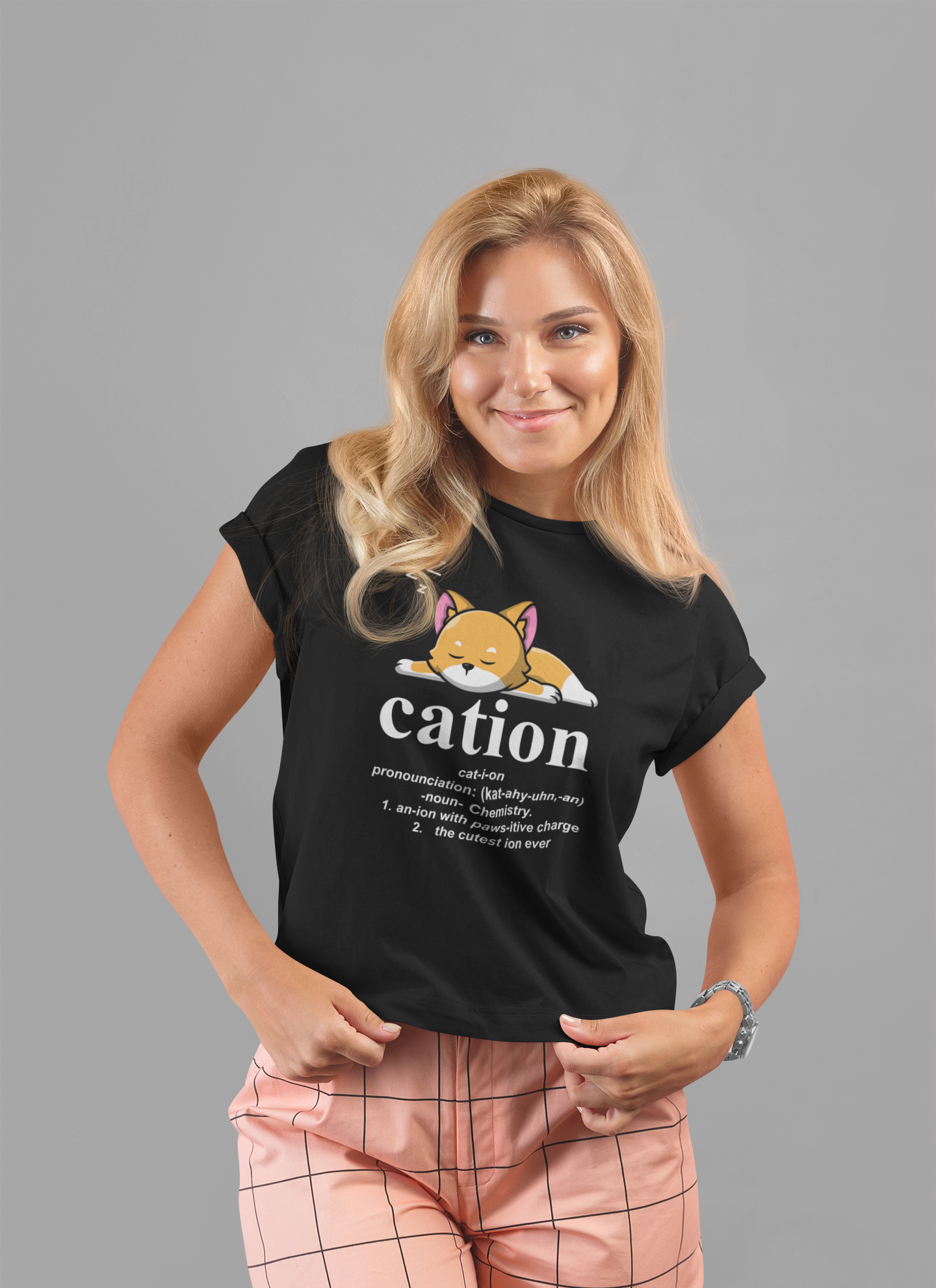 Caution Cat-i-on Tshirt – Lazy Sleepy Cat Chemistry Pun