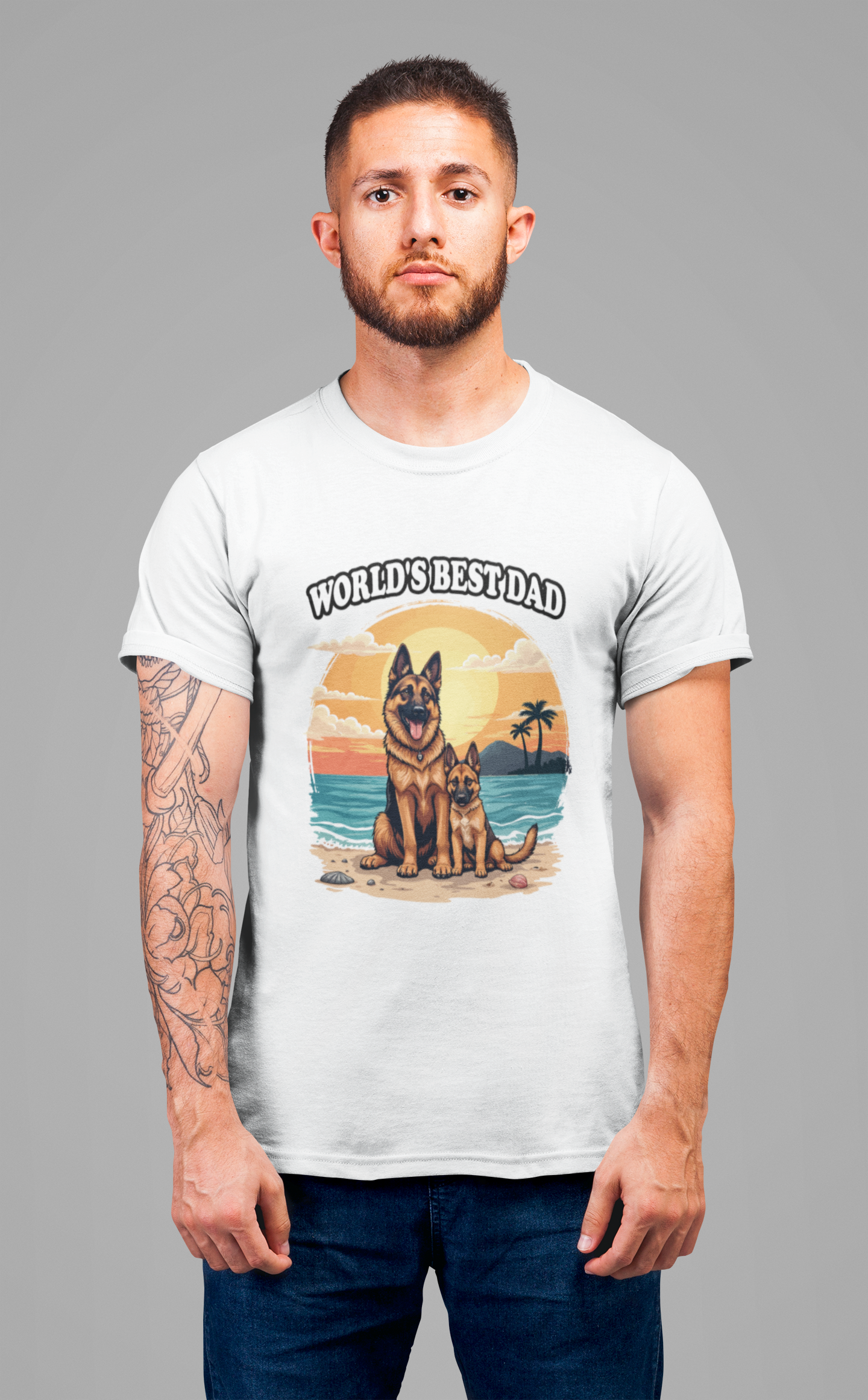 Worlds Best Dad Tshirt German Shepherd Dog Father and Puppy Beach Sunset Design