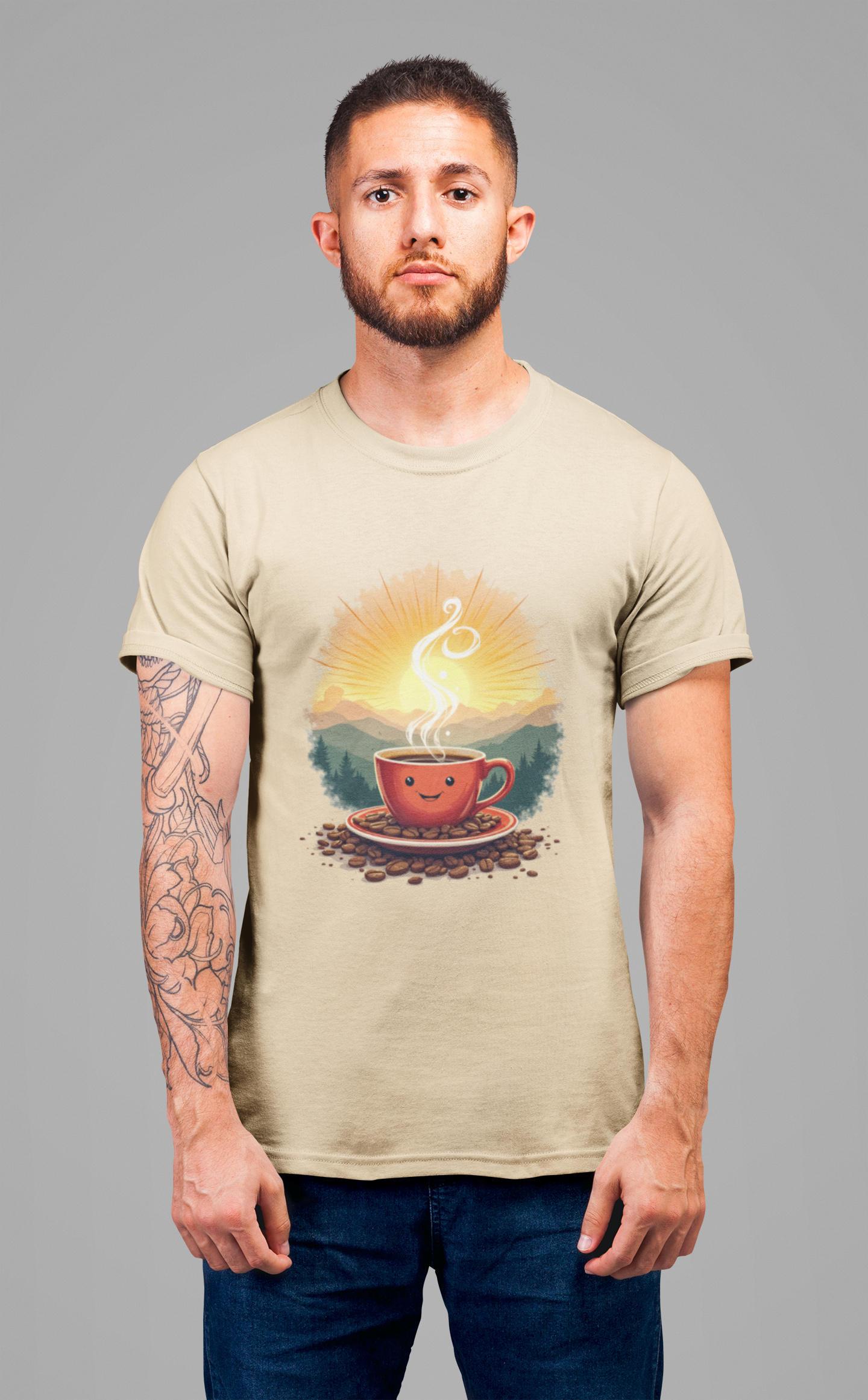 Sunrise Coffee Cup with Coffee Beans and Radiant Morning Glow Graphic T-Shirt