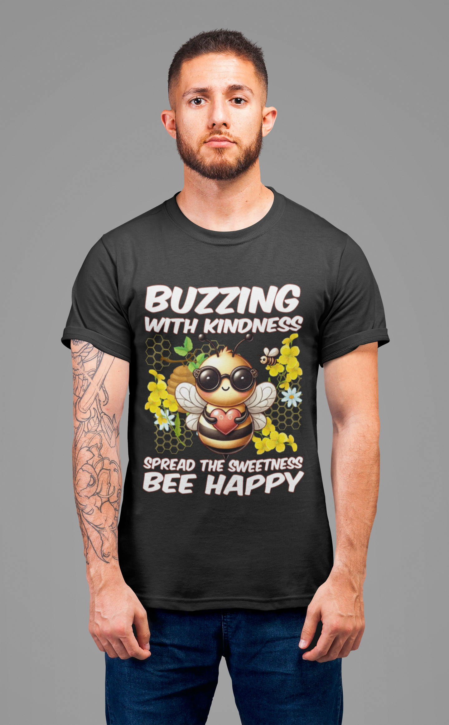 Buzzing with Kindness, Spread the Sweetness, Be Happy | Large Bee & Flowers Graphic T-Shirt