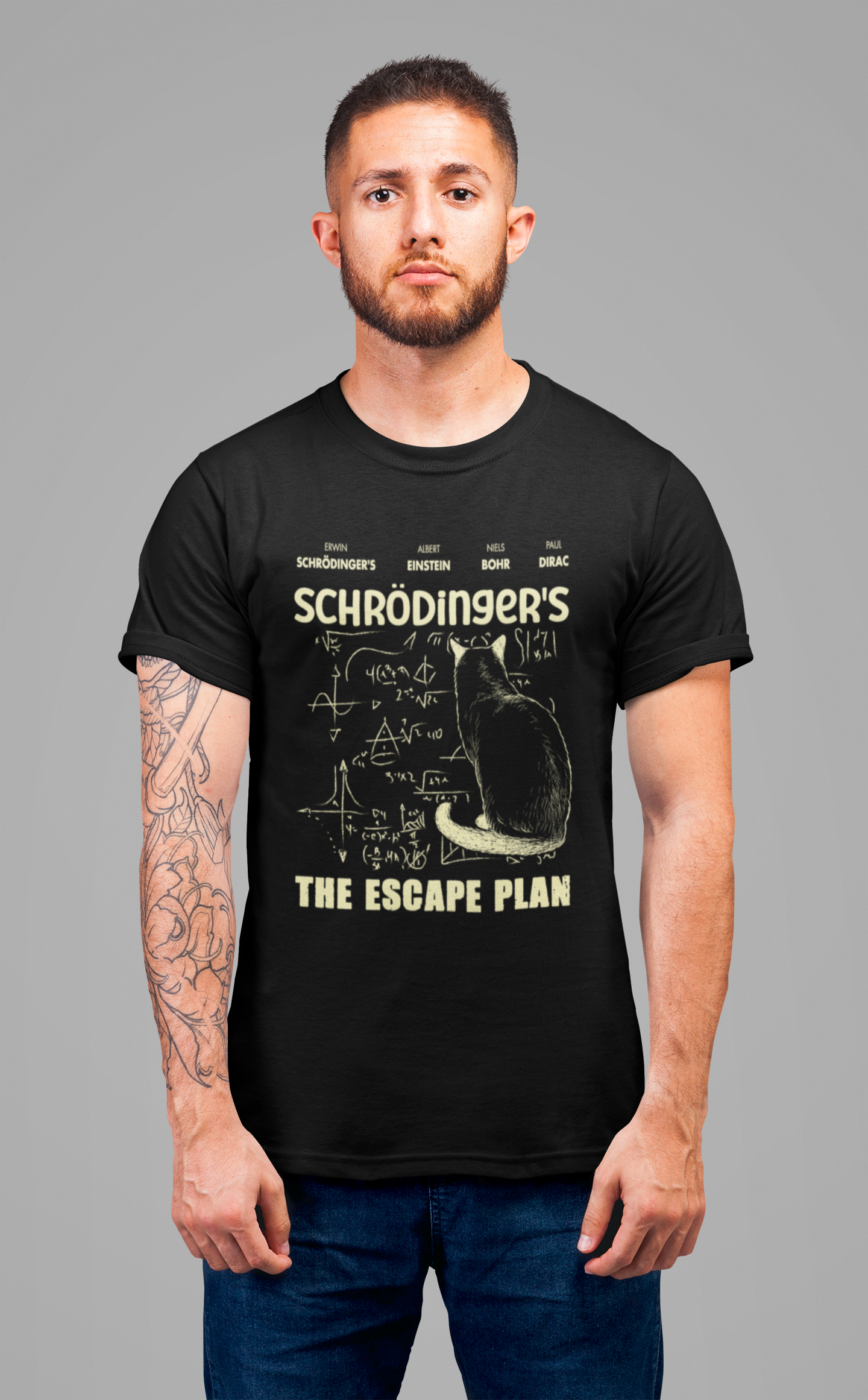 Physics Cat T-Shirt – Schrödinger’s Escape Plan Math Graphic