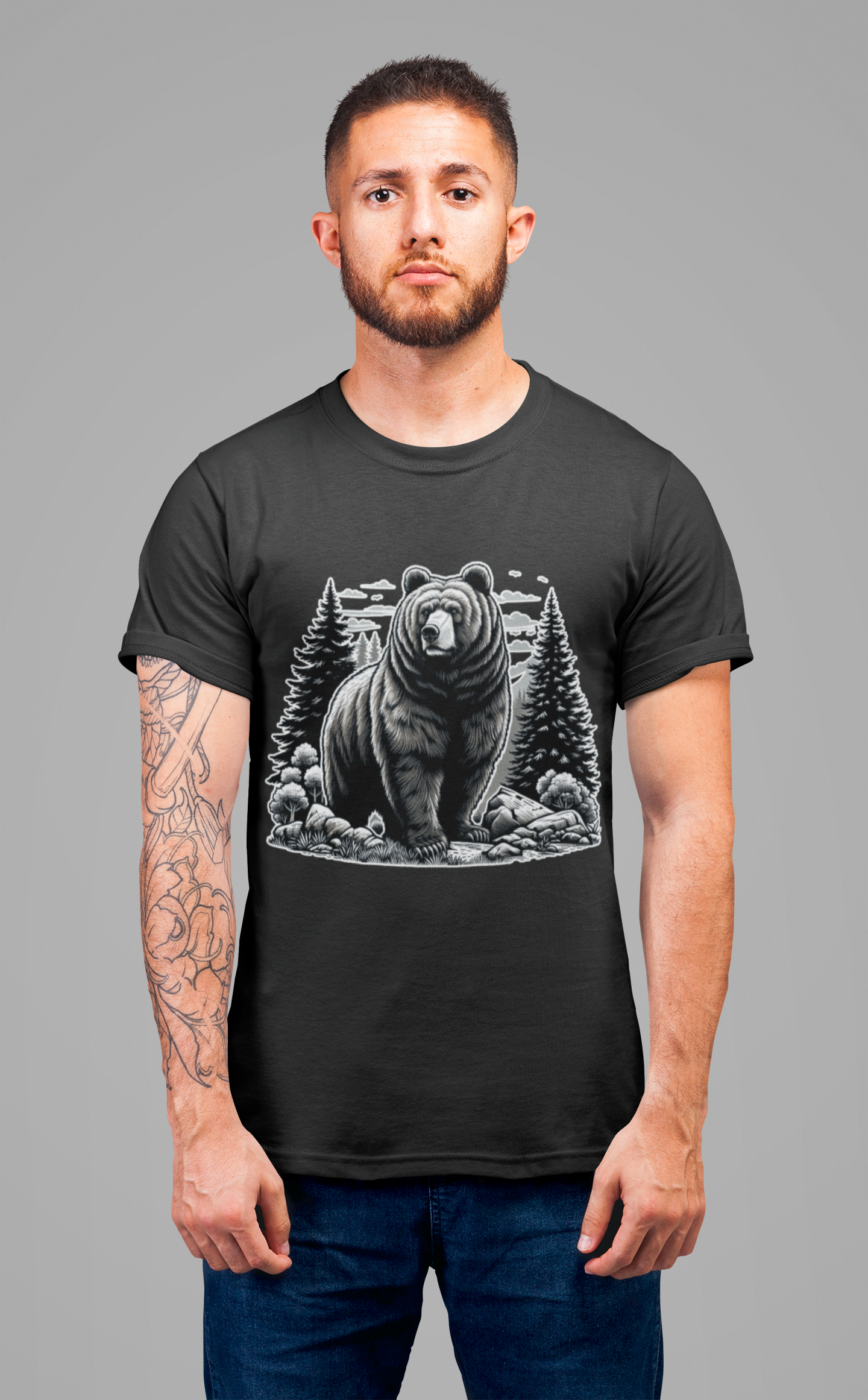 Majestic Wild Bear gazes intently at Stream Edge captivating Graphic T-Shirt