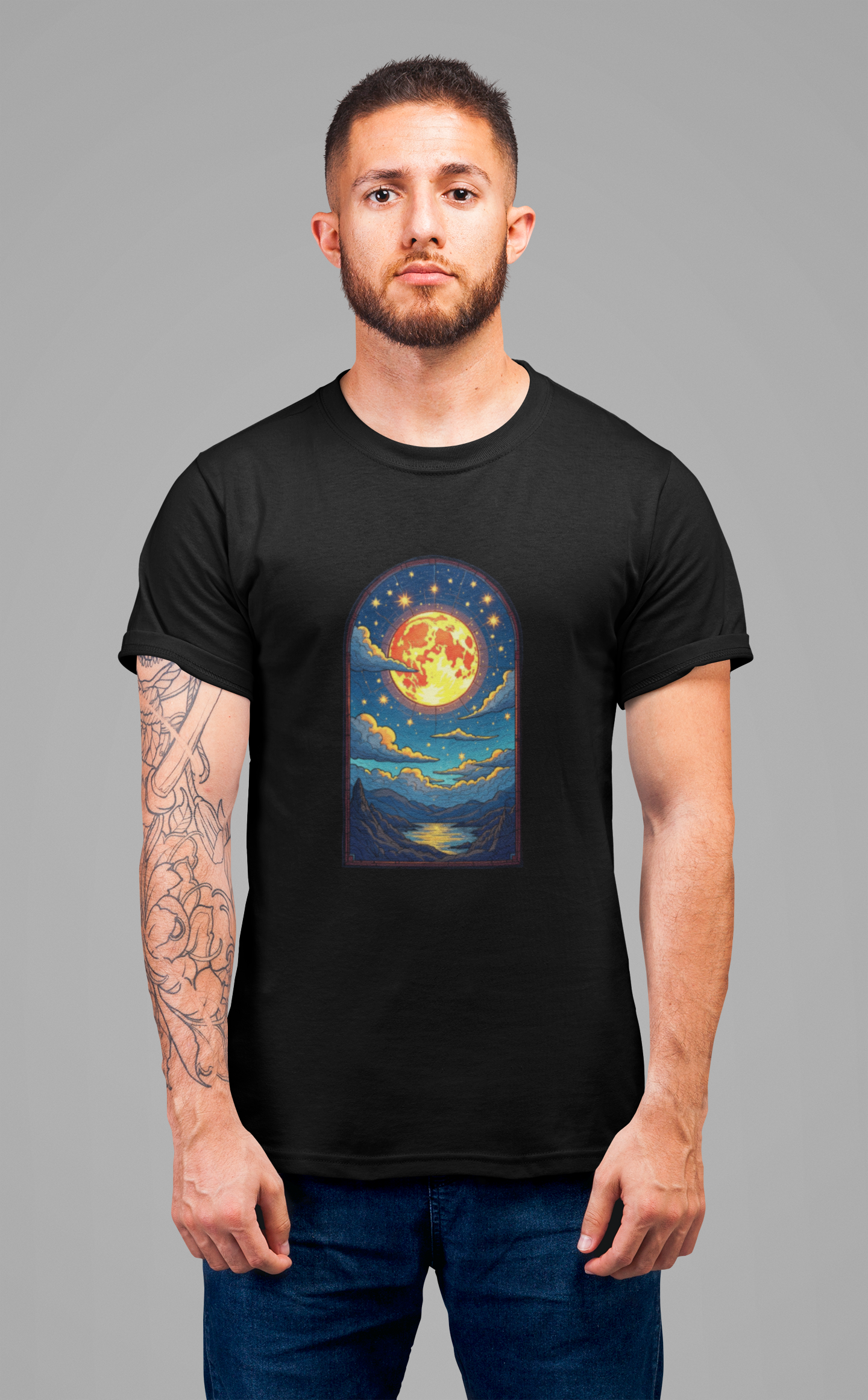 Castle Window View of Glowing Full Moon with Reflection and Stars Graphic T-Shirt