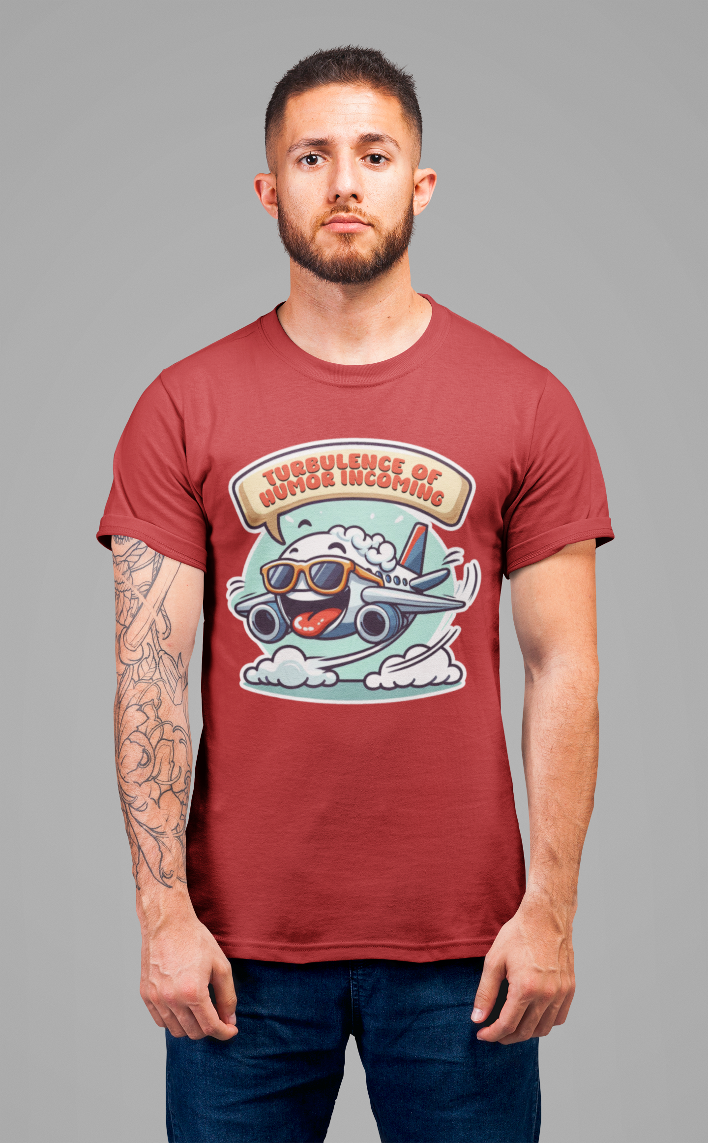 Turbulence of Humor Coming | Flight Landing with Smiling Face & Sunglasses Graphic T-Shirt