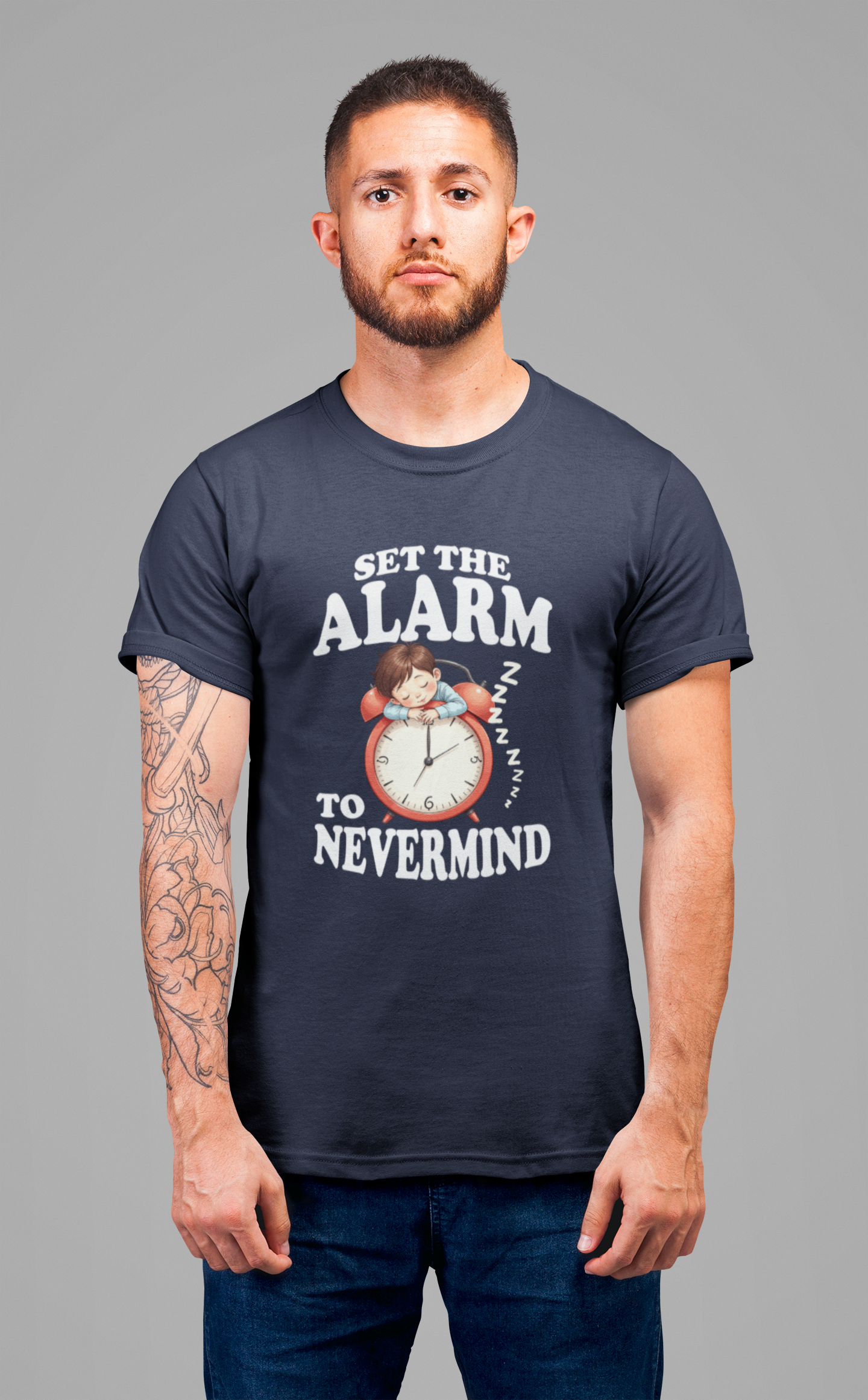 Set the Alarm to Never Mind – Sleeping Boy on Alarm Clock Graphic T-Shirt