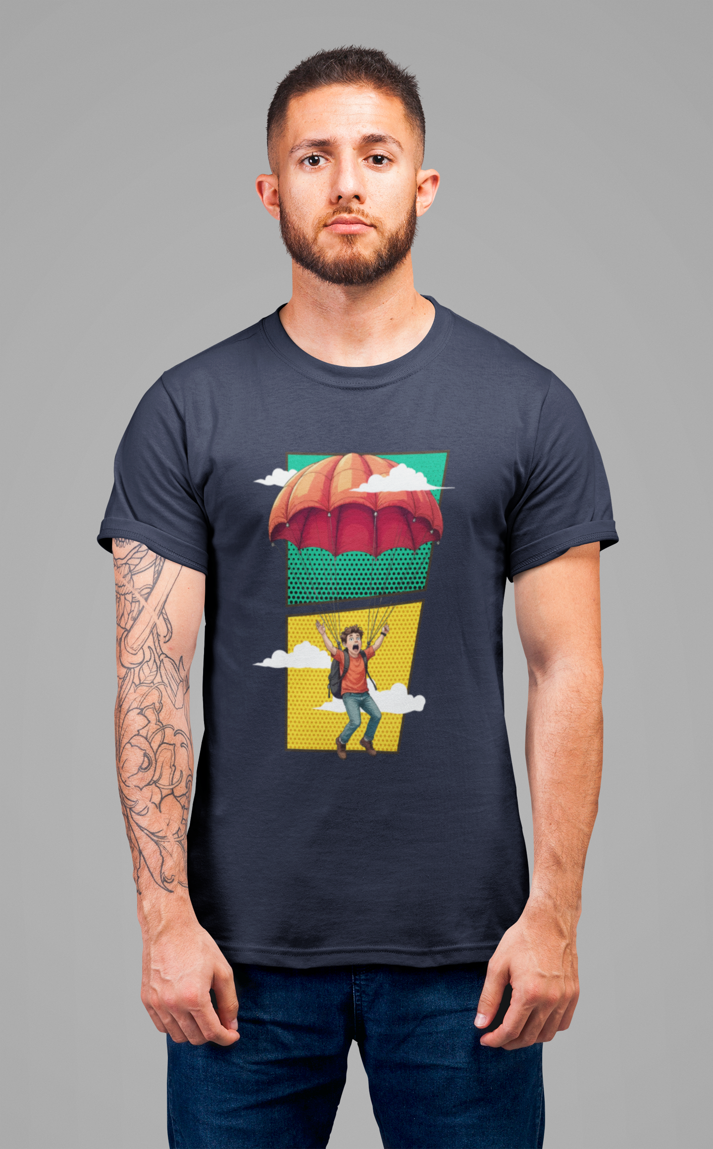 Do it Scared Boy Parachuting Mid-Air with Clouds Background Graphic T-Shirt