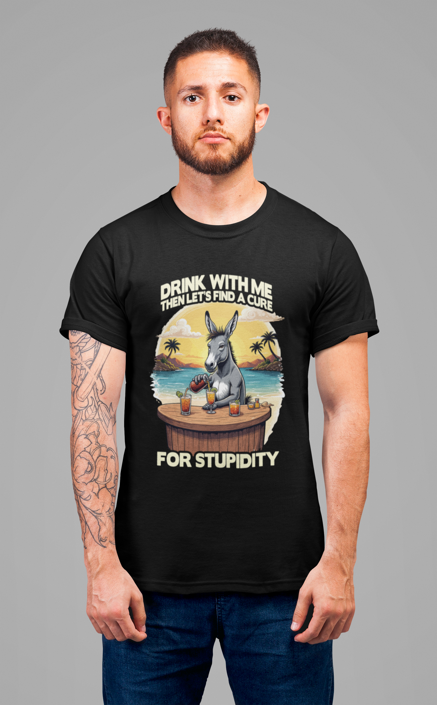 Drink With Me, Then Let’s Find a Cure for Stupidity Tshirt – Funny Donkey Cocktail Beach Design