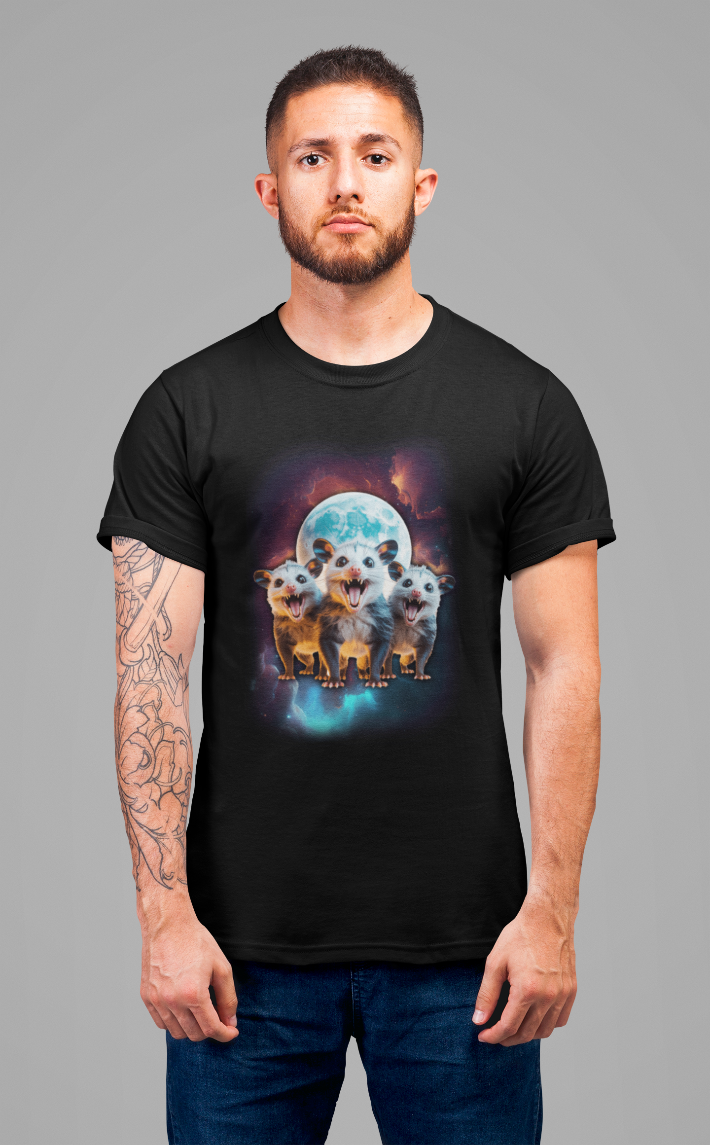 Three Crazy Possums Moon and Galaxy T-Shirt – Whimsical Space Animal Graphic Tee