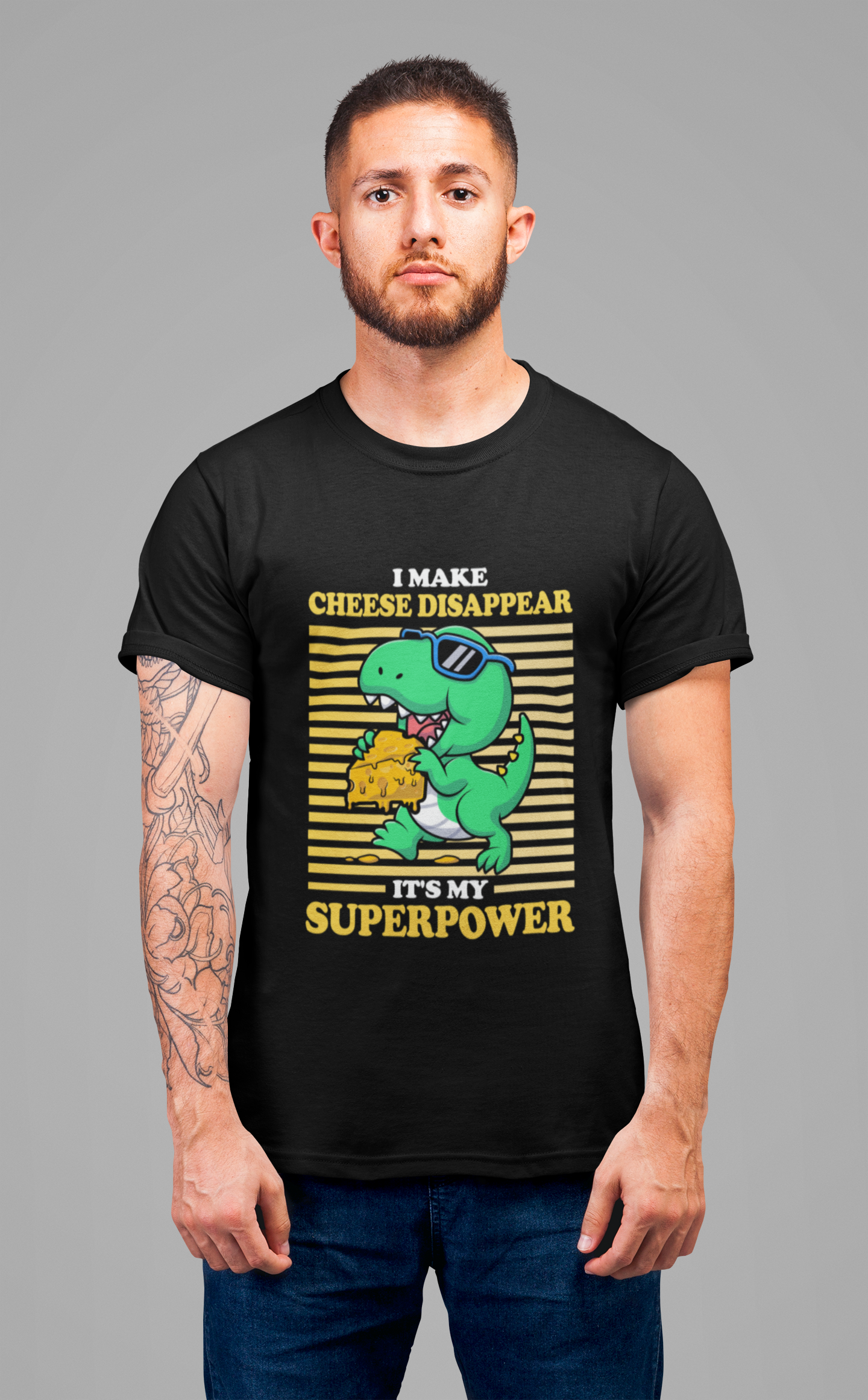 I Make Cheese Disappear T-Shirt – Cool Dinosaur With Sunglasses Running Away Humor Graphic Tee