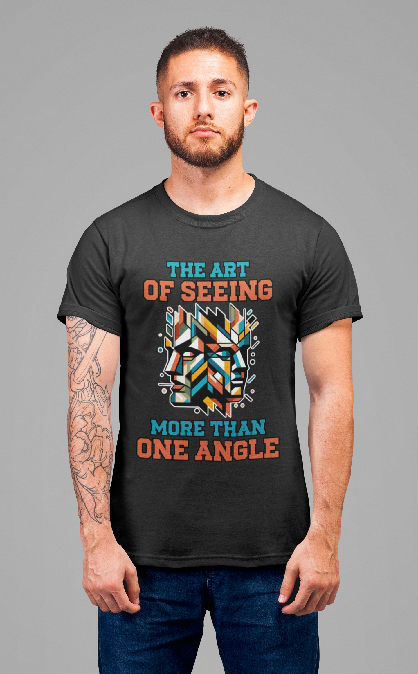 The Art of Seeing More Than One Angle Tshirt – Geometric Faces in Colorful Shapes