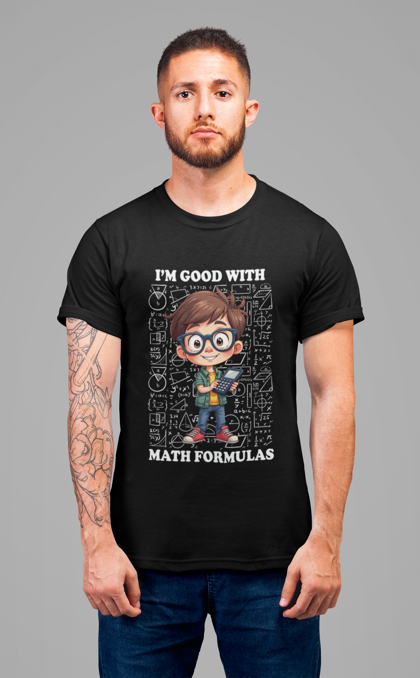 I'm Good with Math Formulas Tshirt – Happy Boy with Calculator and Math Diagrams