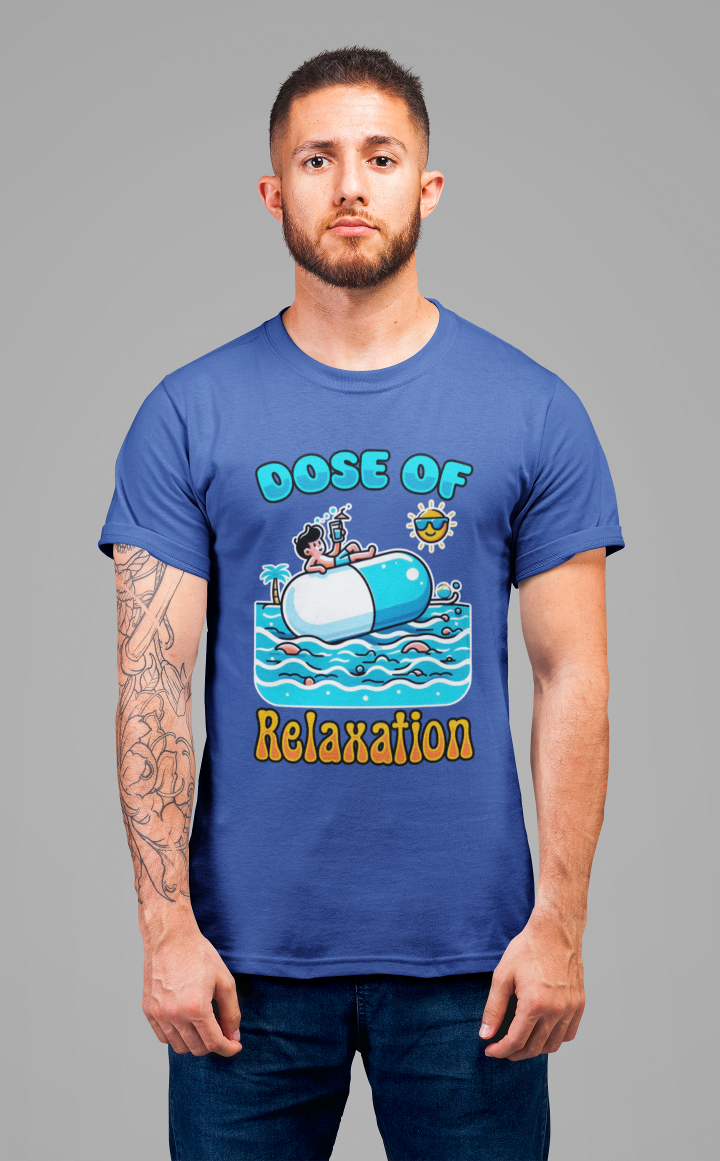 Dose of Relaxation | Boy Sitting on Pill Floating on Water with Drink, Sun & Palm Tree Graphic T-Shirt