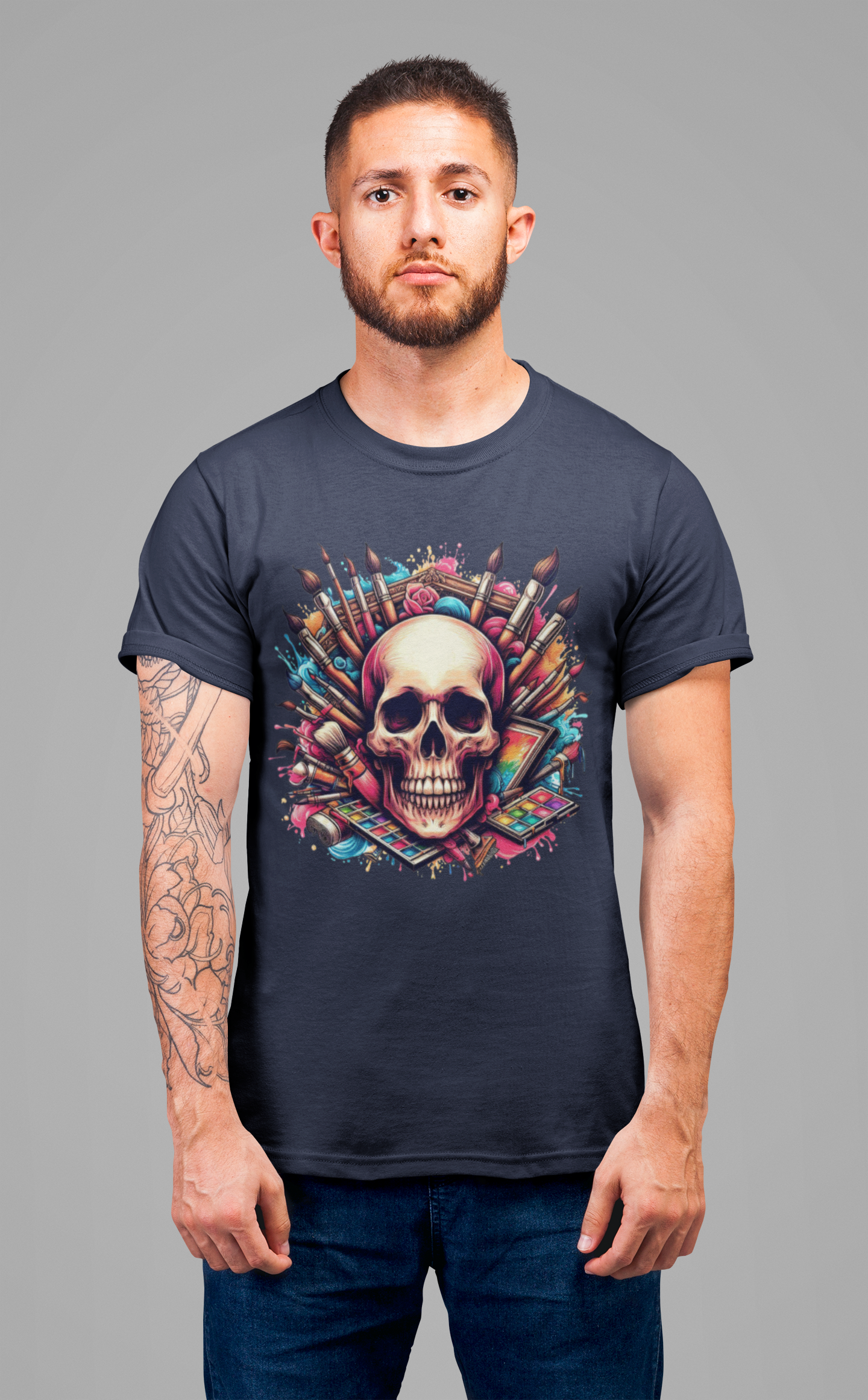 Art Is Not Dead Tshirt – Skull with Stacked Art Supplies Circular Graphic