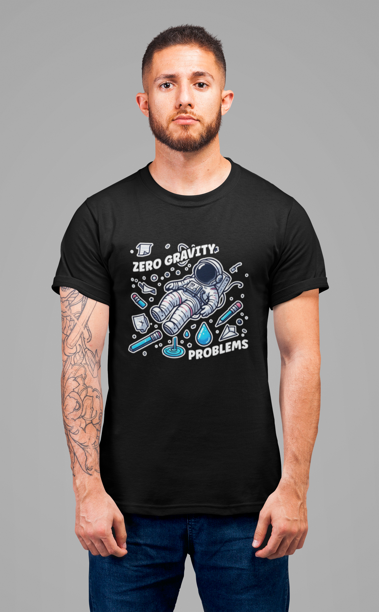 Zero Gravity Problems Astronaut Tshirt – Floating in Space with Everyday Objects