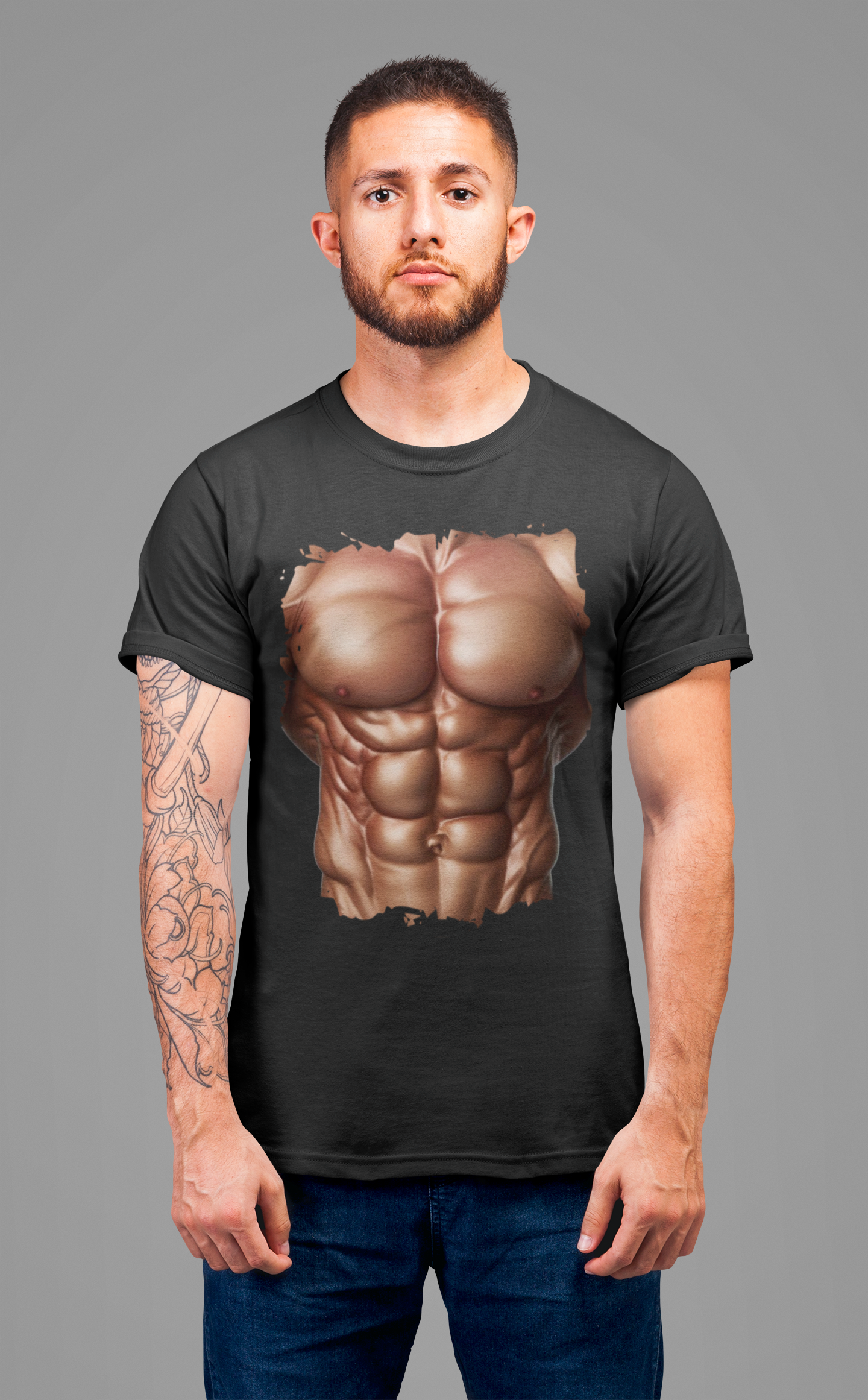 Chest Six Pack Abs Shirt, Muscles Bodybuilder Tee, Printed Gym T Shirt, Fitness Buff Costume Apparel, Fake Abs Funny Graphic Top